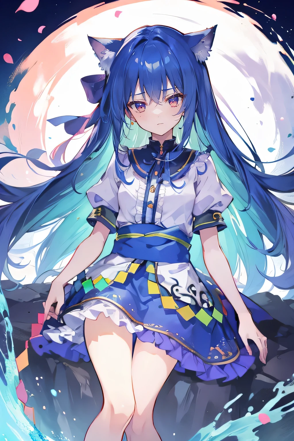 (masterpiece:1.2),Super detailed,Practical,expressive eyes,Fair skin,Perfect face shaping,1 Girl,
Japanese cartoons,Gorgeous blue hair, the long flowing blue hair,Floating clothes,Cat ears,Petals falling,beautiful lola,Young Angel,
Hands on waist,sit elegantly on the ground,Cross your legs,Gentle and peaceful background,Cool and cozy pavilion,sunrise,