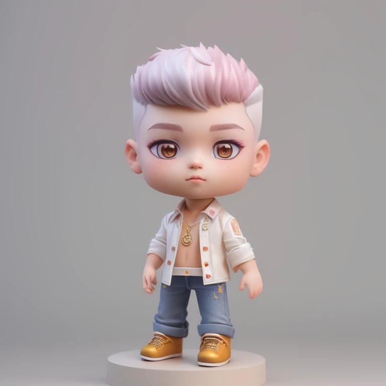 Candid pop mart blind box, collectable toy, (full-body:1.4) of mixed  male supermodel, big prince eyes, natural freckle, (silver-pink hair color, (buzz cut hairstyle), small shoulder, angular jaws, thick neck, thick eyebrow, detailed face, big ears, tan skin, realistic PVC texture, fine luster, he embodies youthfulness, athleticism, and he exudes a unique allure, exotic face, ((wear white shirt and Jean)), (pastel, earth tone colors), (standing at neutral background), Captured in a full-body pose with dynamic angle, the focus of the photo is on his captivating presence and the intricate details of the surroundings, he photo is taken with a Canon EOS 5D Mark III with a 50mm f/1.8 lens, f/2.2 aperture, shutter speed 1/200s, ISO 100, and natural cinematic light,  by Thomas Synnamon, professional photographer, Employing three-point lighting and incorporating 3D animation shadows enhance the models' features and add depth to the composition. chibi, cute, 3d render, OC render, 3d model, blender render, good lighting, ultra detail, 8k , seductive lighting, intricate details,