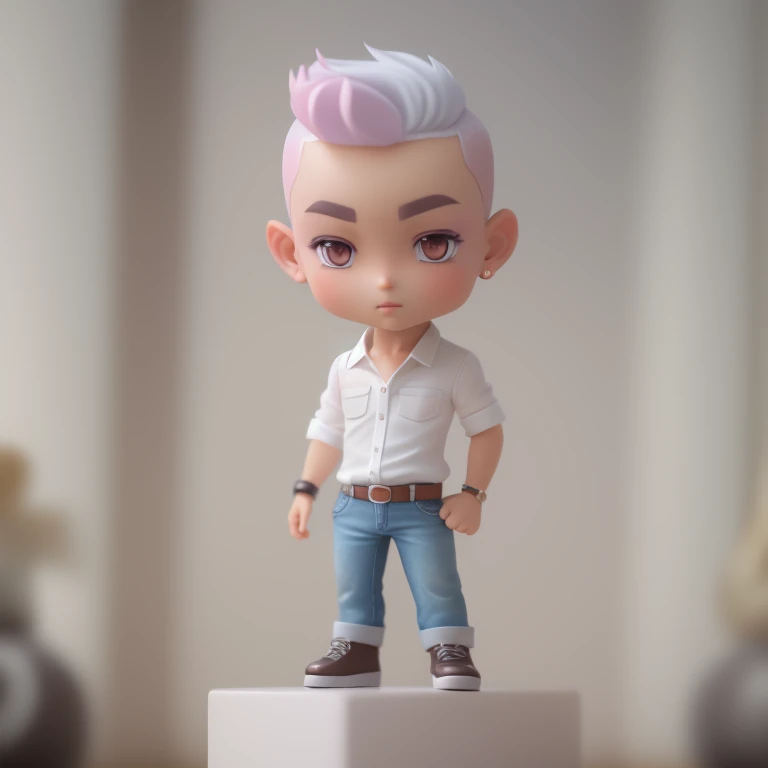 Candid pop mart blind box, collectable toy, (full-body:1.4) of mixed  male supermodel, big prince eyes, natural freckle, (silver-pink hair color, (buzz cut hairstyle), small shoulder, angular jaws, thick neck, thick eyebrow, detailed face, big ears, tan skin, realistic PVC texture, fine luster, he embodies youthfulness, athleticism, and he exudes a unique allure, exotic face, ((wear white shirt and Jean)), (pastel, earth tone colors), (standing at neutral background), Captured in a full-body pose with dynamic angle, the focus of the photo is on his captivating presence and the intricate details of the surroundings, he photo is taken with a Canon EOS 5D Mark III with a 50mm f/1.8 lens, f/2.2 aperture, shutter speed 1/200s, ISO 100, and natural cinematic light,  by Thomas Synnamon, professional photographer, Employing three-point lighting and incorporating 3D animation shadows enhance the models' features and add depth to the composition. chibi, cute, 3d render, OC render, 3d model, blender render, good lighting, ultra detail, 8k , seductive lighting, intricate details,