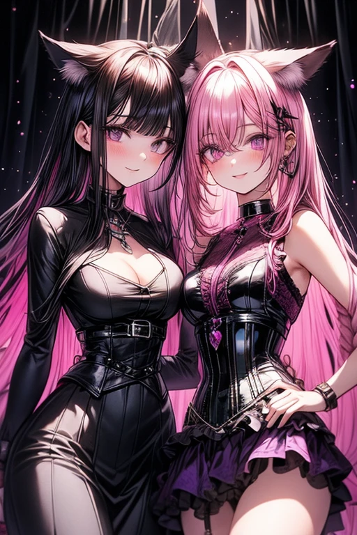 A pink haired woman with violet eyes and an hourglass figure is posing in a sexy corset dress is posing with black haired woman with purple eyes with an hourglass figure and black fox ears and black fox tails in a bedroom