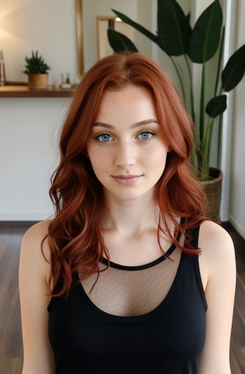Une femme, 25 ans, poitrine moyenne, wavy red hair, yeux verts, debout dans son salon, slightly transparent white tank top