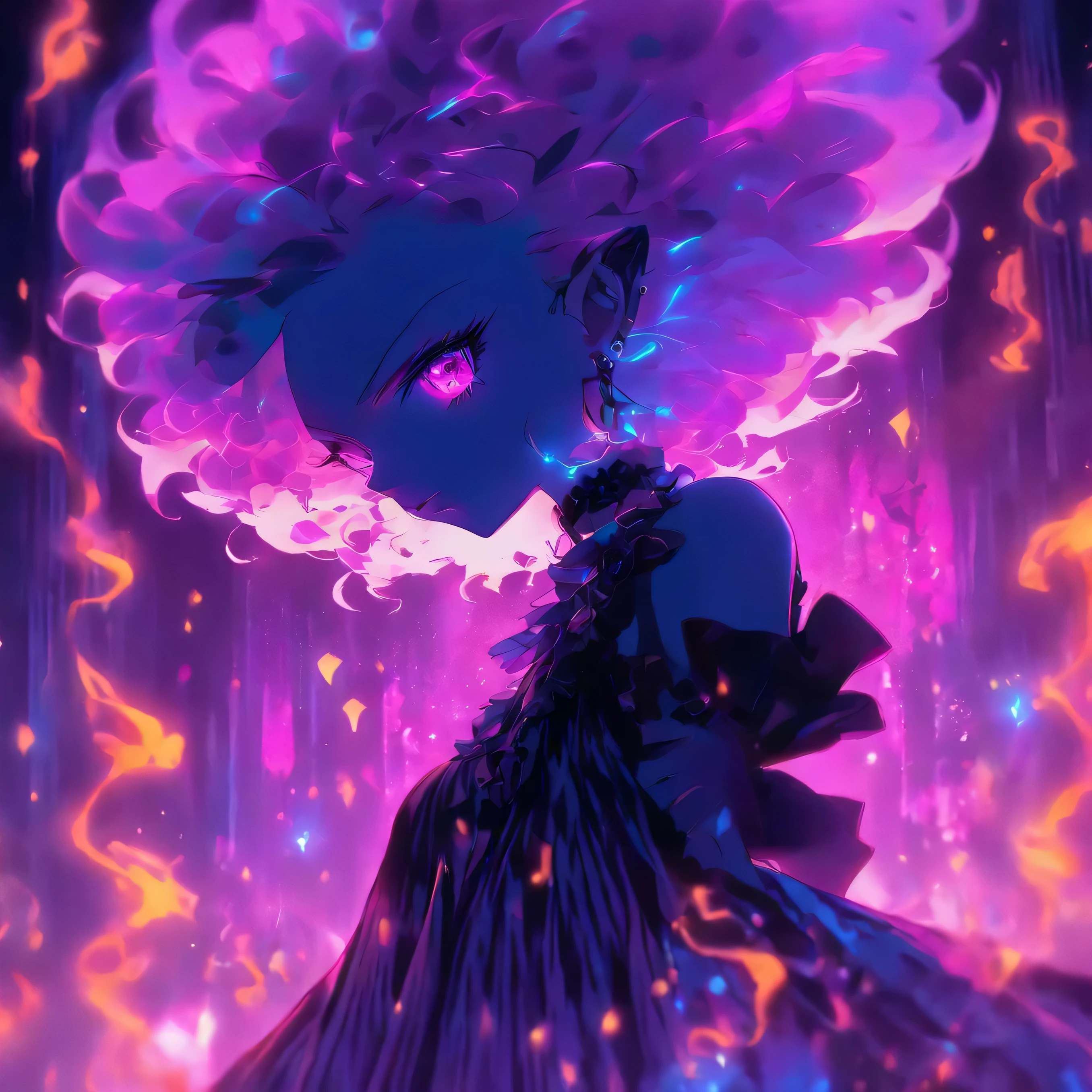 androgynous male Gothic lolita with purple shaved head, casting glowing soul spells while wearing lolita dress
