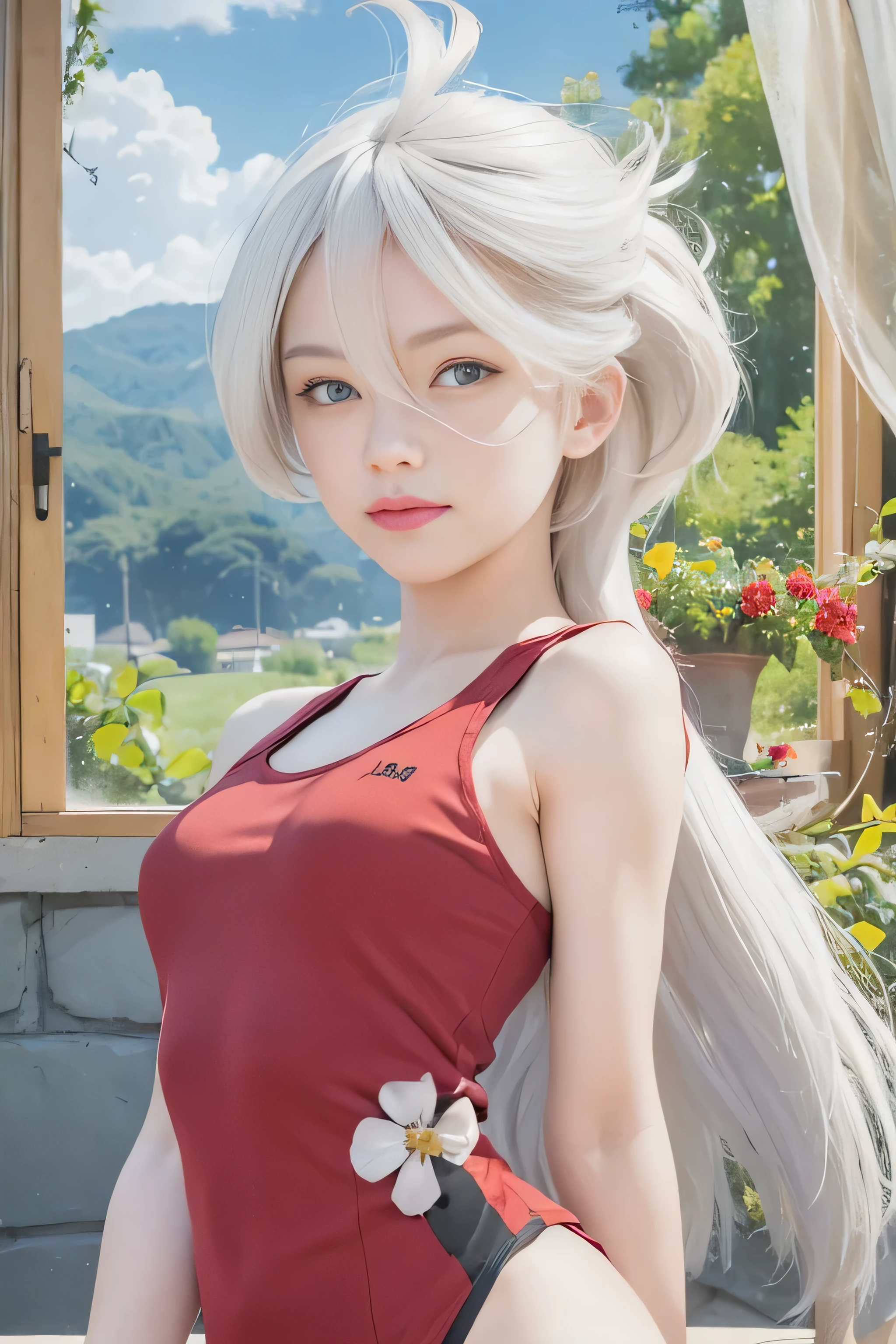 masterpiece, best quality, (realistic,photo-realistic:1.4), (RAW photo:1.2), extremely detailed CG unity 8k wallpaper, delicate and beautiful, amazing,finely detail, official art, absurdres, incredibly absurdres, huge filesize, ultra-detailed,extremely detailed eyes and face,light on face,(little smile),miorine rembran,(white hair:1.4),(long hair:1.6),(wearing red tanktop:1.5),(small breast:1.3),grey eyes,nature bedroom
