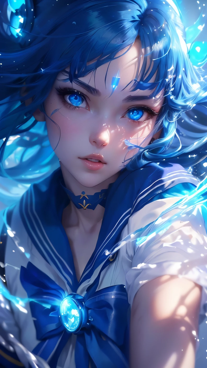 anime girl with blue eyes and blue hairs, wearing sailor suit, looking towards left side, masterpiece, best quality, (extremely detailed CG unity 8k wallpaper), (best quality), (best illustration), (best shadow), absurdres, realistic lighting, (Abyss), beautiful detailed glow, art by PeterMohrBacher,