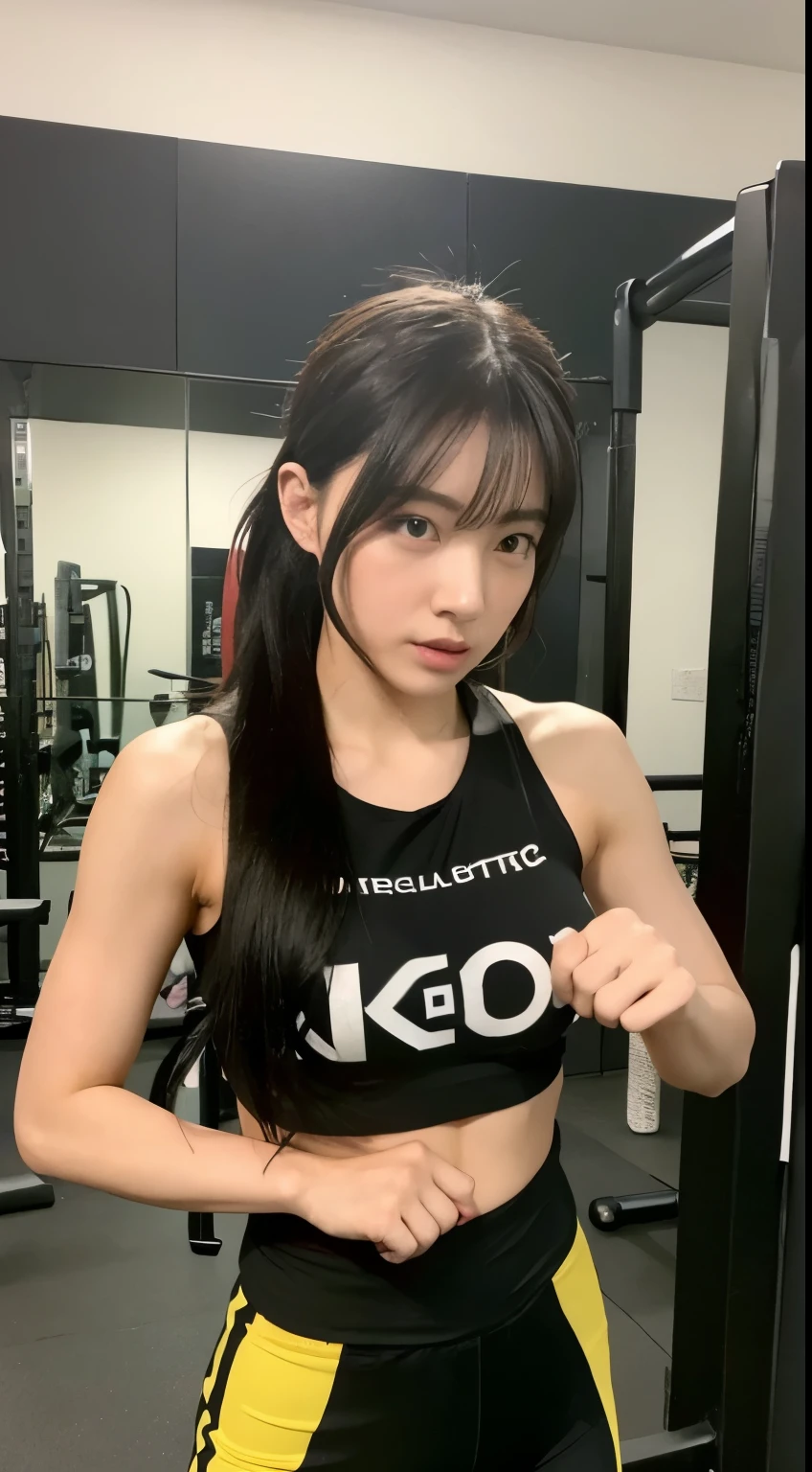 Beautiful Japanese woman practicing kickboxing techniqueedium Hair、In front of the mirror at the gym、Sporty posture