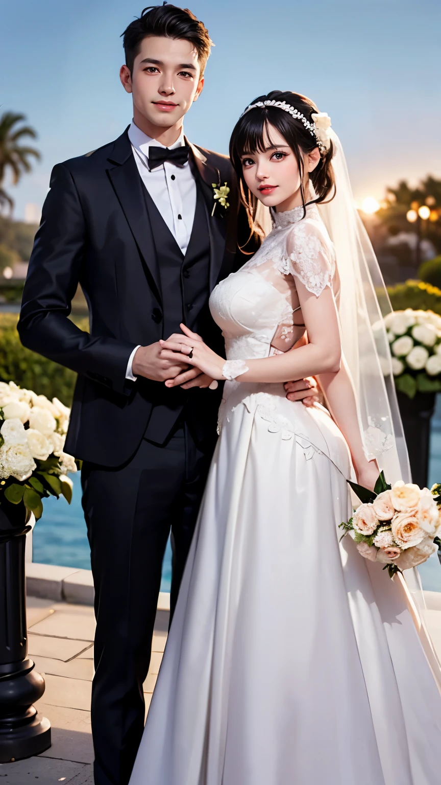 1 adesivo, Casamento, pose de casal, ((um casal)), (um homem e 1 mulher), ((Jovens)), (Terno azul royal, vestido de noiva), Felizes, alegria, felicidade, Glasses boy, (cabelos castanho claro) bouquet, ((Bouquet of white daisies)), salute, jardim, Aquarela, fundo branco, fundo simples, minimum, fofo, tiny, cor pastel, estilo vetorial, Sem gradiente, sem barba, homem sem barba