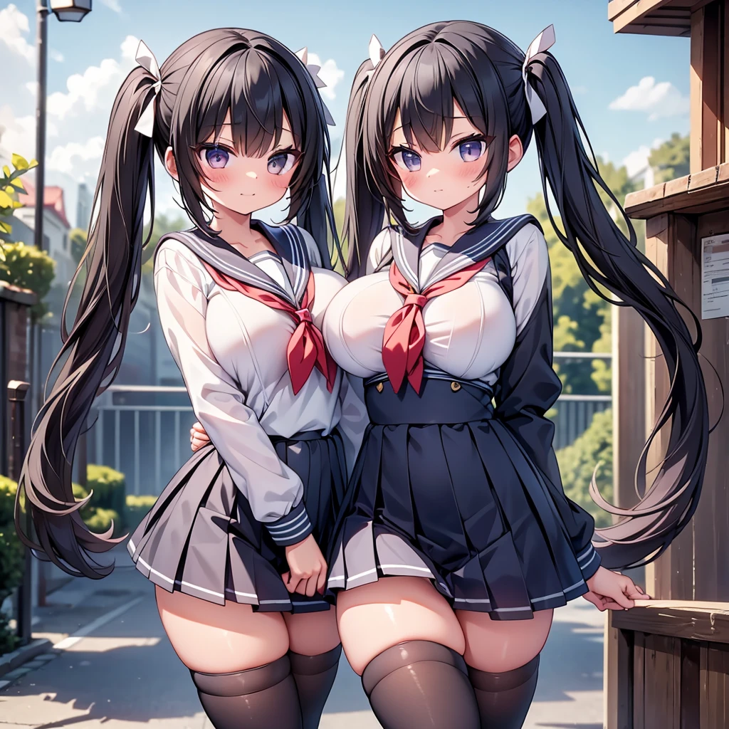 highest quality,wonderful,finely,extremely detailed CG Unity 8K wallpaper,  (1 girl, Black Hair,Twin tails, clothed),(huge breasts:1.1),(Sailor suit:1.3), (zettai ryouiki:1.4)