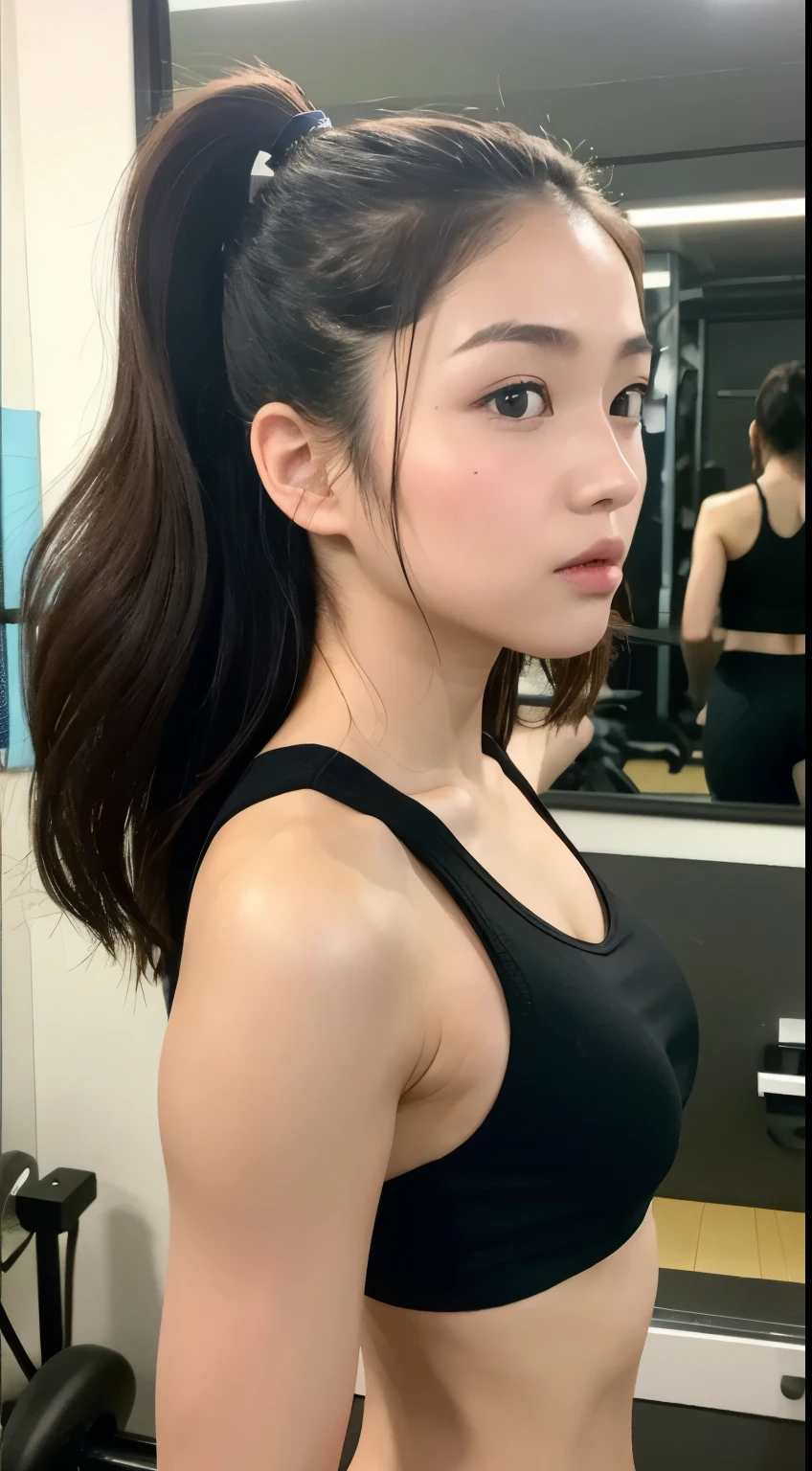 Beautiful Japanese woman practicing kickboxing techniqueedium Hair、In front of the mirror at the gym、Sporty posture