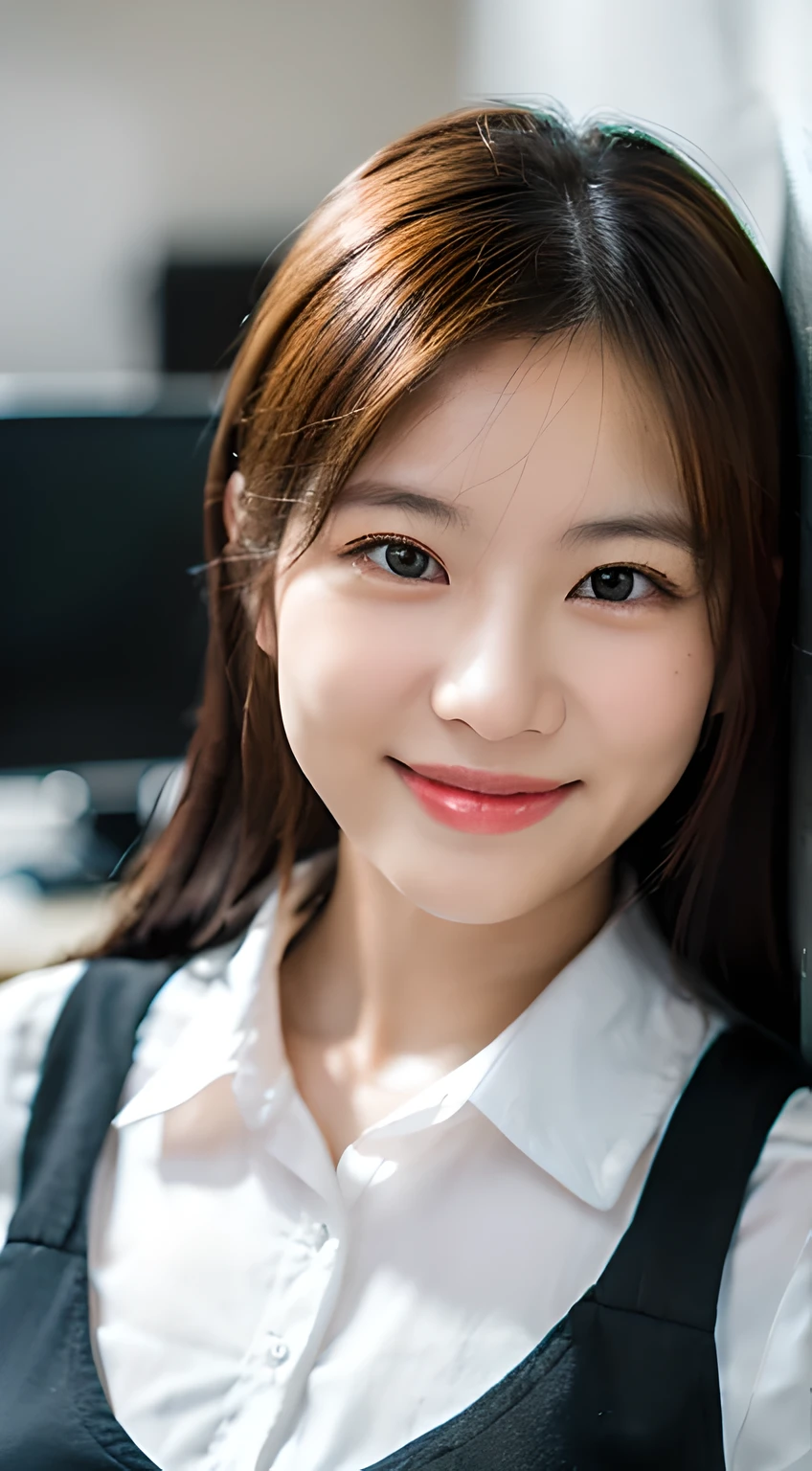 (Masterpiece, BestQuality:1.3), (ultra detailed 8k:1.2), (hyper realistic:1.35),(RAW photo:1.2),High detail RAW color photo, professional photograph, (Photorealistic:1.45), (realistic:1.4), BREAK 1girl, (beautiful girl:1.3), japanese Business woman,(Dynamic Pose: 1.2),(bewitching smile:1.3), (super beautiful woman:1.3), beautiful skin, detailed black eyes, detailed face, white shirt with collars, waist up, upper body,20 yo,office lady, BREAK at office floor, profesional lighting,PC desk