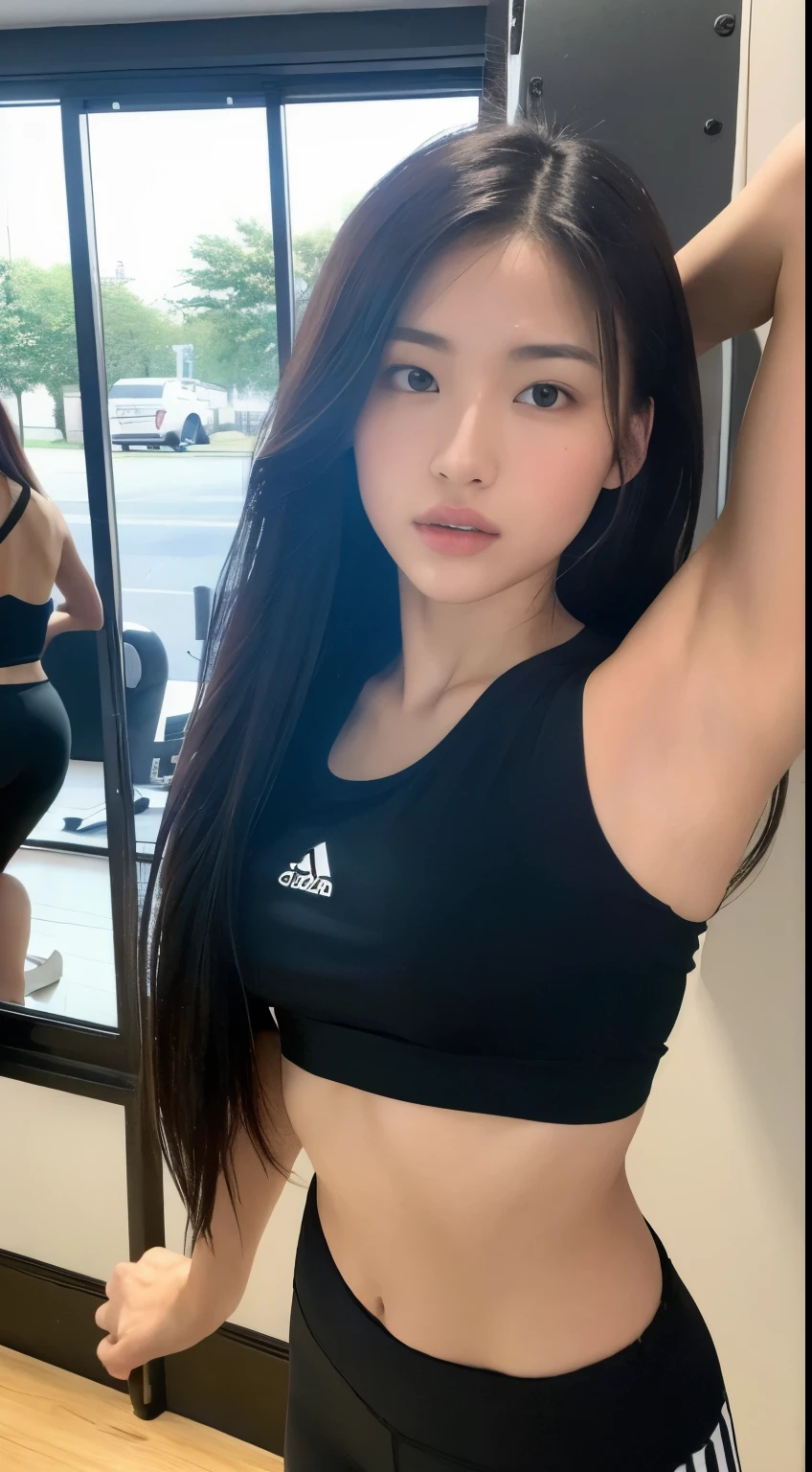Beautiful Japanese woman practicing kickboxing techniqueedium Hair、In front of the mirror at the gym、Sporty posture