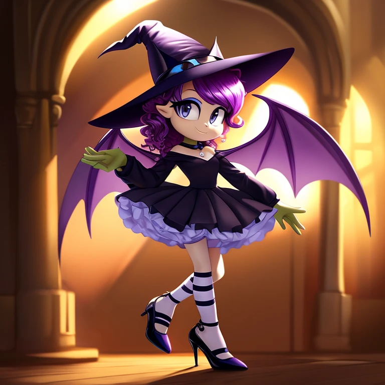 a tall and slender fairy-witch with light green skin, curly, vibrant red hair, bright light blue and graphite gray eyes, dainty, dark-violet bat wings, wearing green and violet striped leggings, worn beneath a low-cut, long-sleeved black dress that flares out into a tutu, violet heels with whimsically curled toes, a black witch hat. Solo. 1girl.