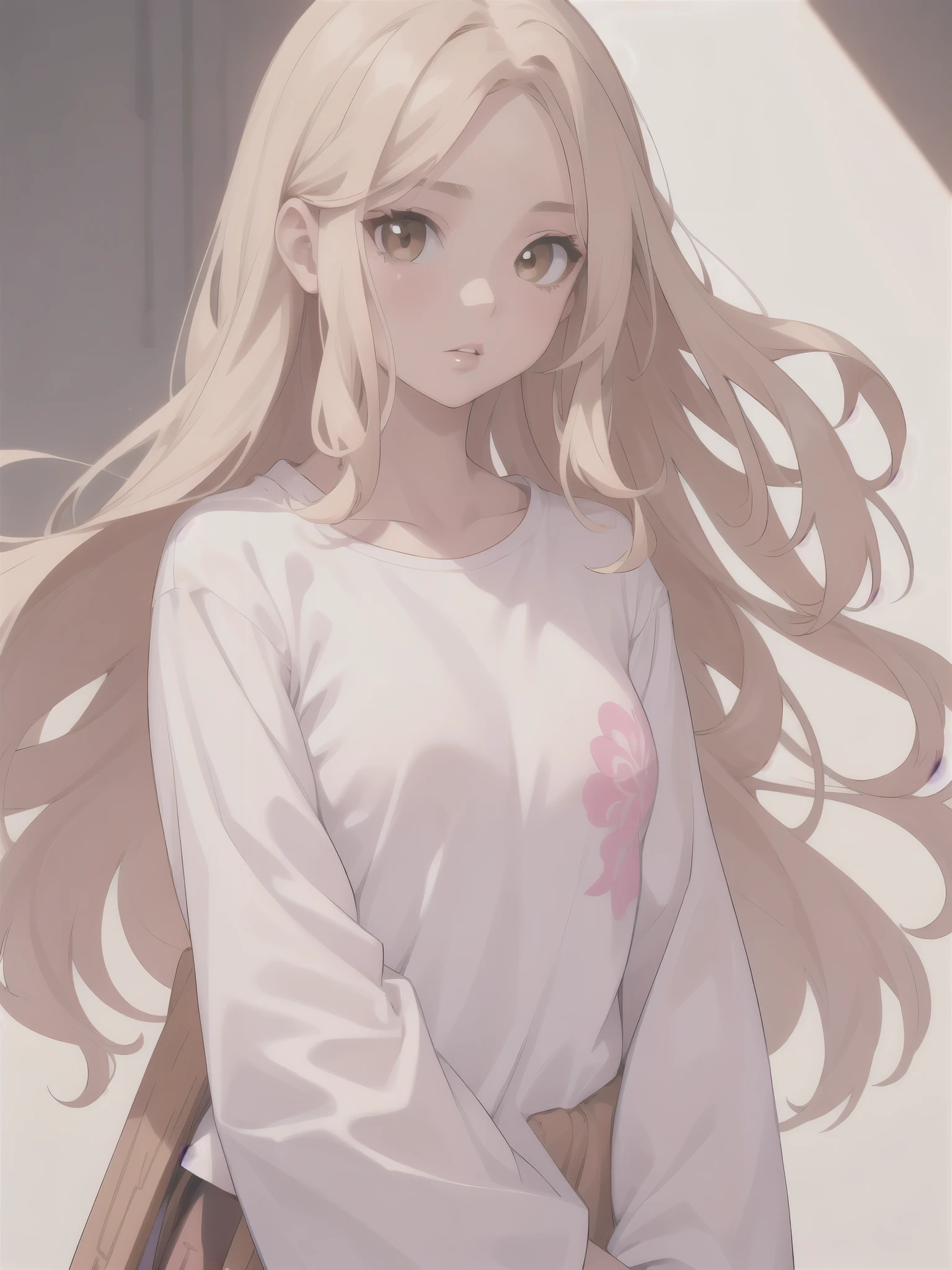 Girl, long brown-blond hair, brown eyes, sharp features, white skin, pink lips, T-shirt with sleeves