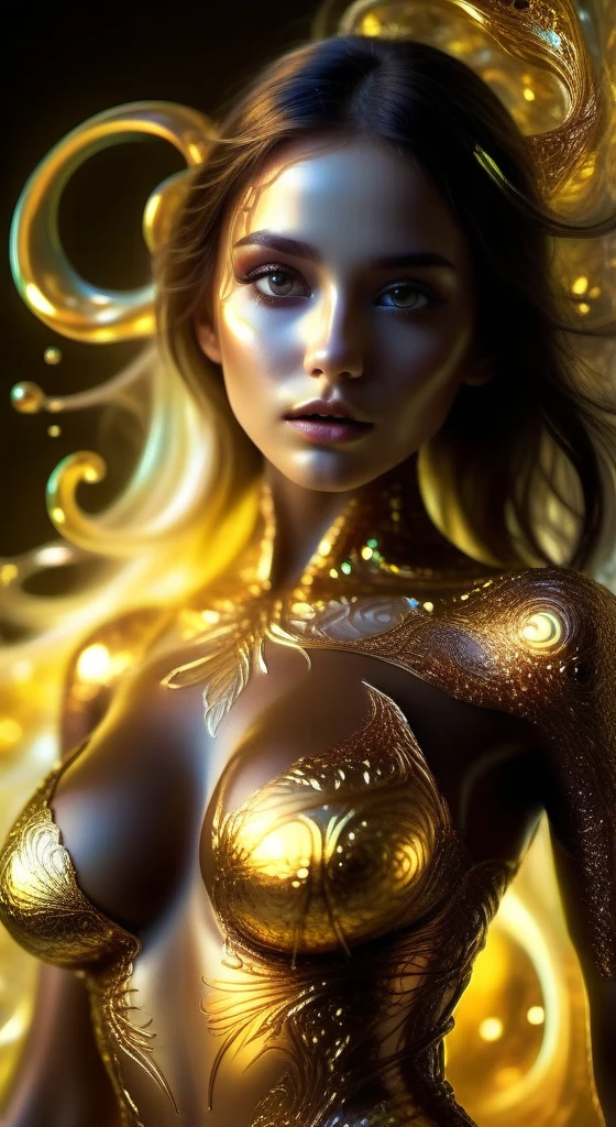 Woman with shiny translucent fractal skin, whole body, Large Breasts，Swirling organic pattern, Energetic, Ultra HD, Bright colors, perfect composition, Soft natural volumetric cinema lighting, Amazing shadows, Black silhouette, Volumetric Light, (Movie Posters)，,A surreal dead girl with liquid gold eyes，insect