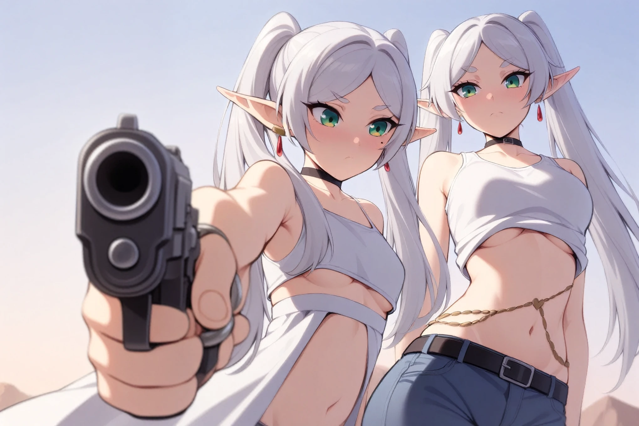 masterpiece,best quality,
[1boy, himmel \(sousou no frieren\), mole underside the left eye, white overcoat, long jeans]
[1girl, frieren, small breasts,underboob,white tank top,thongfrayed denim shorts,off shoulders,belly chain,belt,hair ornament,heart-shaped earrings,silver bracelet,black choker]
outdoors, upper body, eye contact, (pointing guns at each other:1.4)