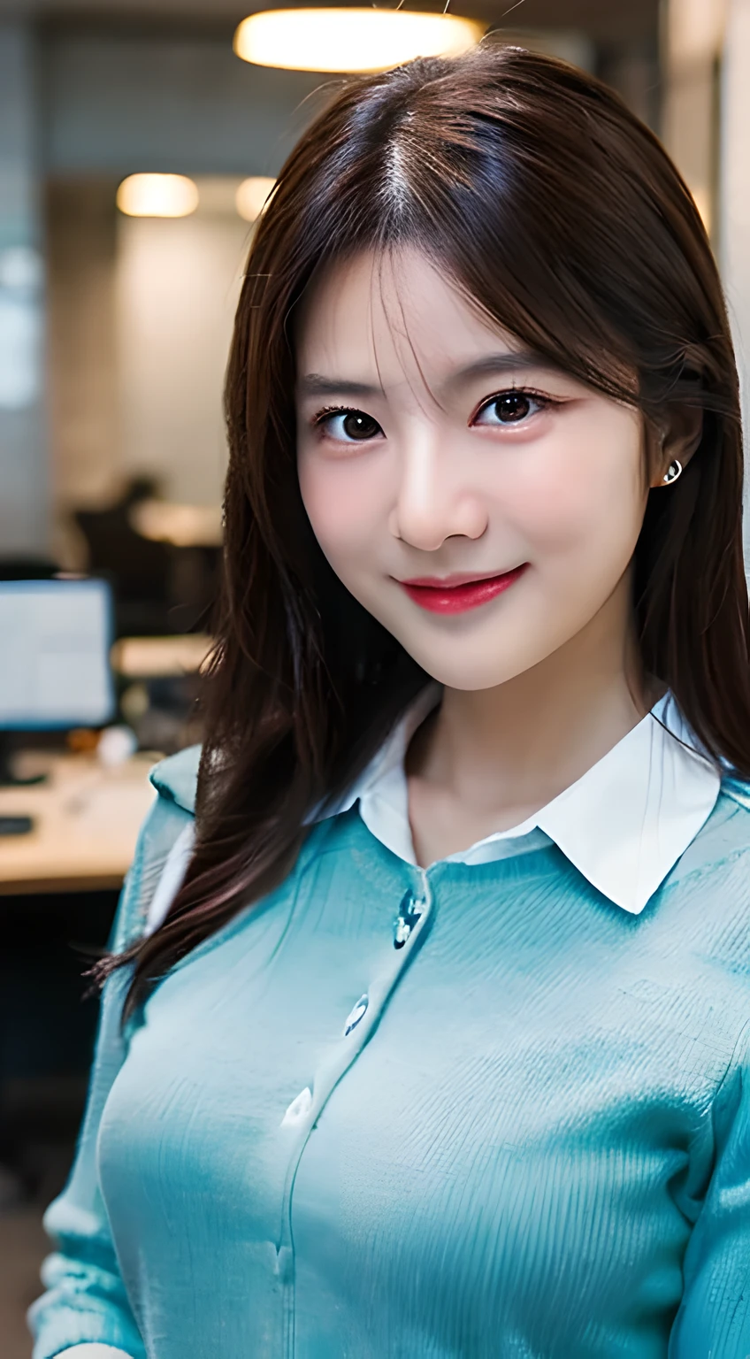 (Masterpiece, BestQuality:1.3), (ultra detailed 8k:1.2), (hyper realistic:1.35),(RAW photo:1.2),High detail RAW color photo, professional photograph, (Photorealistic:1.45), (realistic:1.4), BREAK 1girl, (beautiful girl:1.3), japanese Business woman,(Dynamic Pose: 1.2),(bewitching smile:1.3), (super beautiful woman:1.3), beautiful skin, detailed black eyes, detailed face, white shirt with collars, waist up, upper body,20 yo,office lady, BREAK at office floor, profesional lighting,PC desk