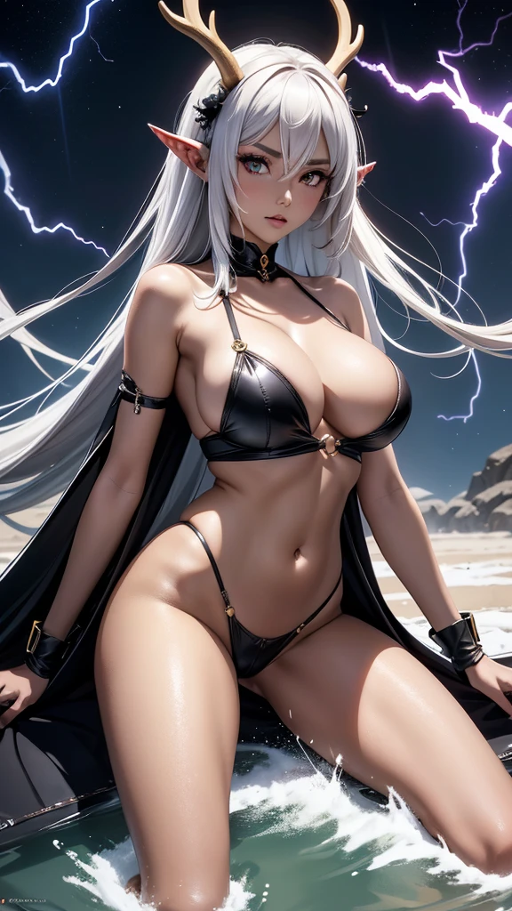 anime (mato seihei no slave), female young , sexy (very big tits), actress (Jouryuu), tall dark skinned ,  long white hair, black eyebrows that are cut rather short, A pair of antler-like horns sat atop her head, A pair of elongated ears, black markings that cover her stomach, She uses lightning on the battlefield. 