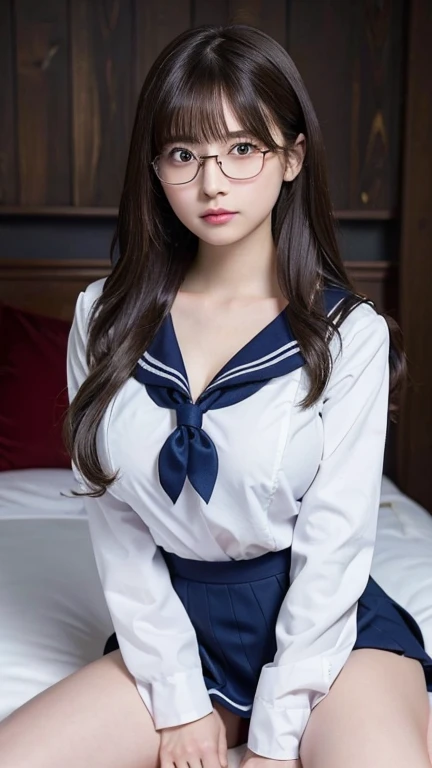 Sitting with legs crossed,1 girl, Very bright backlight,alone, {Beautiful and detailed}, Photo lying in bed, Very beautiful big (Huge breasts:1.5) And a small waist ((Press the chest)) 、Big Breasts,Calm expression, Natural soft light,, Delicate features, Blunt bangs, Beautiful Japanese Girl, 18-year-old, ((Seductive pose)), attractive figure,(Blonde), Light grain, Real Hands, masterpiece, highest quality, Realistic, Very detailed, In detail, High resolution,Beautiful Hair, Perfect dynamic composition, Beautiful and beautiful eyes, Japanese Idols,((I'm nervous and embarrassed)),Sharp focus, beauty mix, (Sailor suit:1.3),Movie Girl,Exhibitionism,shirt,skirt,Showing off,Long Hair,Curly Hair,shame,Glasses,Sensational,intellectual,glossy