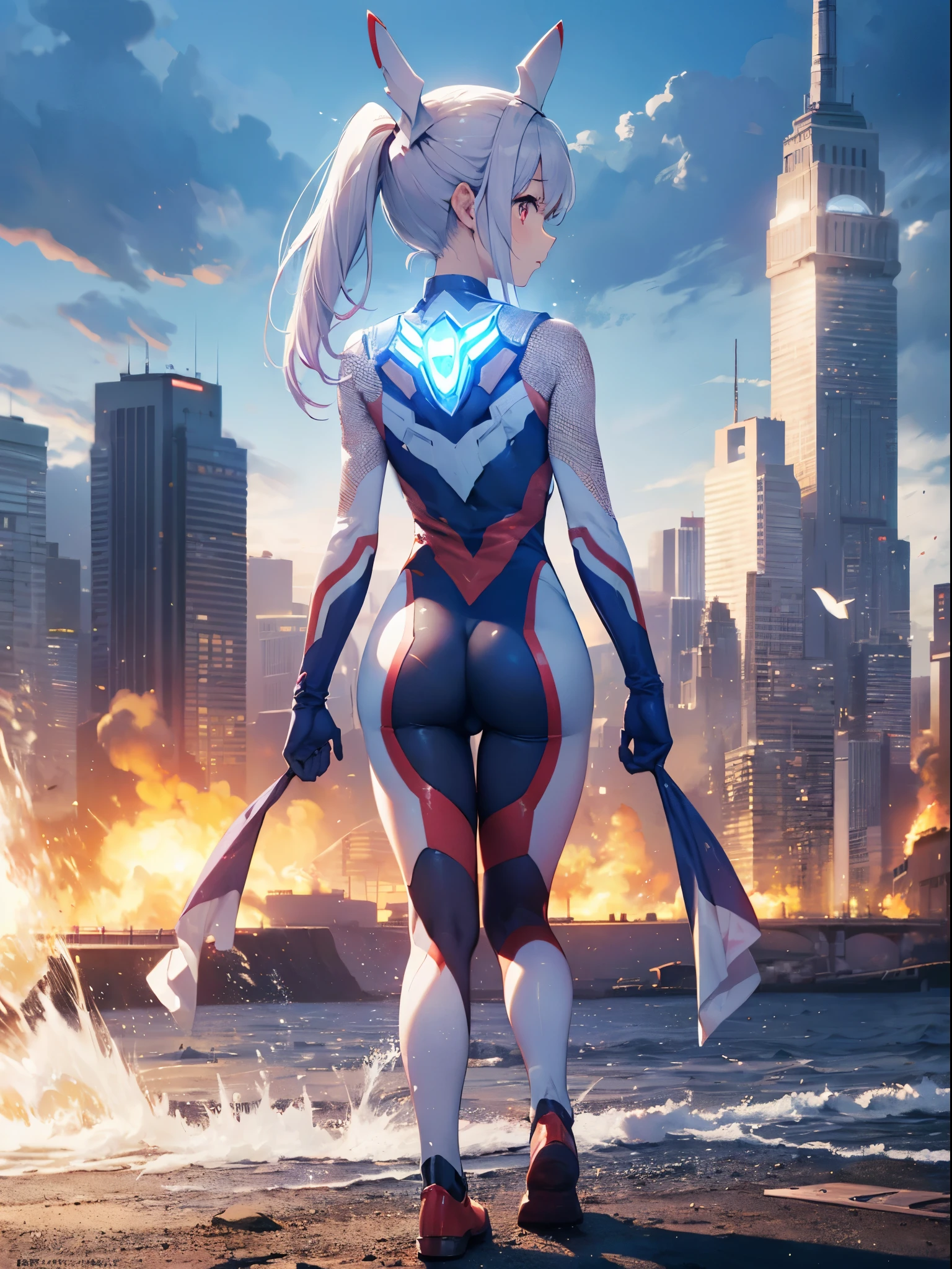 Realistic,highest quality, Ultra Detail, High-quality CG rendering, The most delicate and beautiful, Floating softly, High resolution, (1 girl), (Highest quality,4K,8K,masterpiece:1.2) ,Light purple hair,Rabbit,Bunny ears,ponytail,Red eyes,(Ultra Girl:1.0),(All blue Ultraman bodysuit:1.4),Blue gloves,Blue shoes, (Turn your back to your audience:1.3),Ass,(背中にウサギのAss尾:1.5),(whole body:1.3)