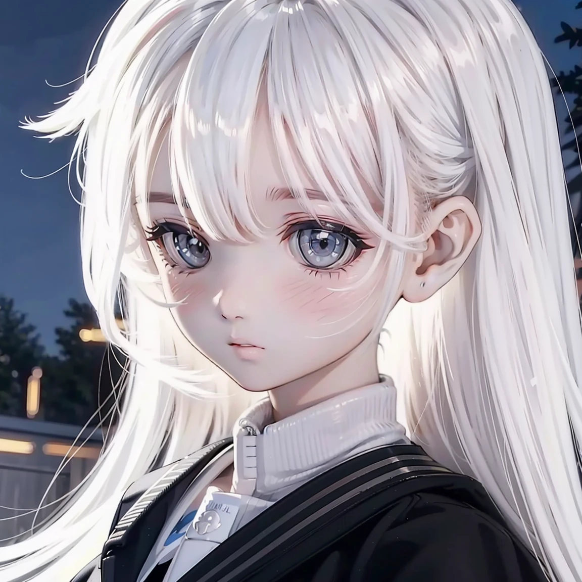 White Hair,Girl,KHD,4K,Expressionless face,Anime Style,profile,Night sky background, Casual Fashion, ((Three white eyes)),soro,1girl,Best quality,