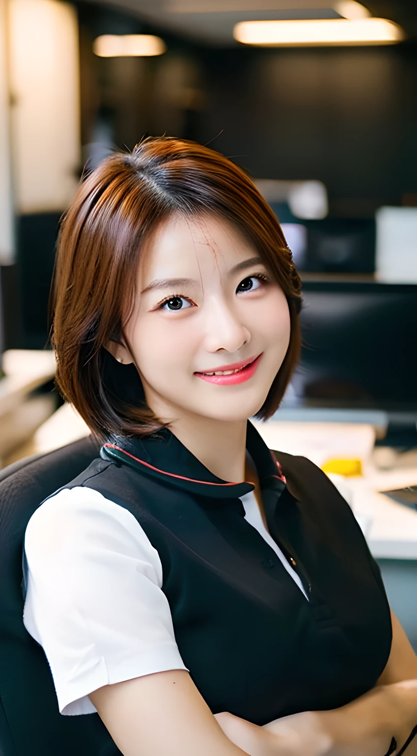 (Masterpiece, BestQuality:1.3), (ultra detailed 8k:1.2), (hyper realistic:1.35),(RAW photo:1.2),High detail RAW color photo, professional photograph, (Photorealistic:1.45), (realistic:1.4), BREAK 1girl, (beautiful girl:1.3), japanese Business woman,(Dynamic Pose: 1.2),(bewitching smile:1.3), (super beautiful woman:1.3), beautiful skin, detailed black eyes, detailed face, white shirt with collars, waist up, upper body,20 yo,office lady, BREAK at office floor, profesional lighting,PC desk