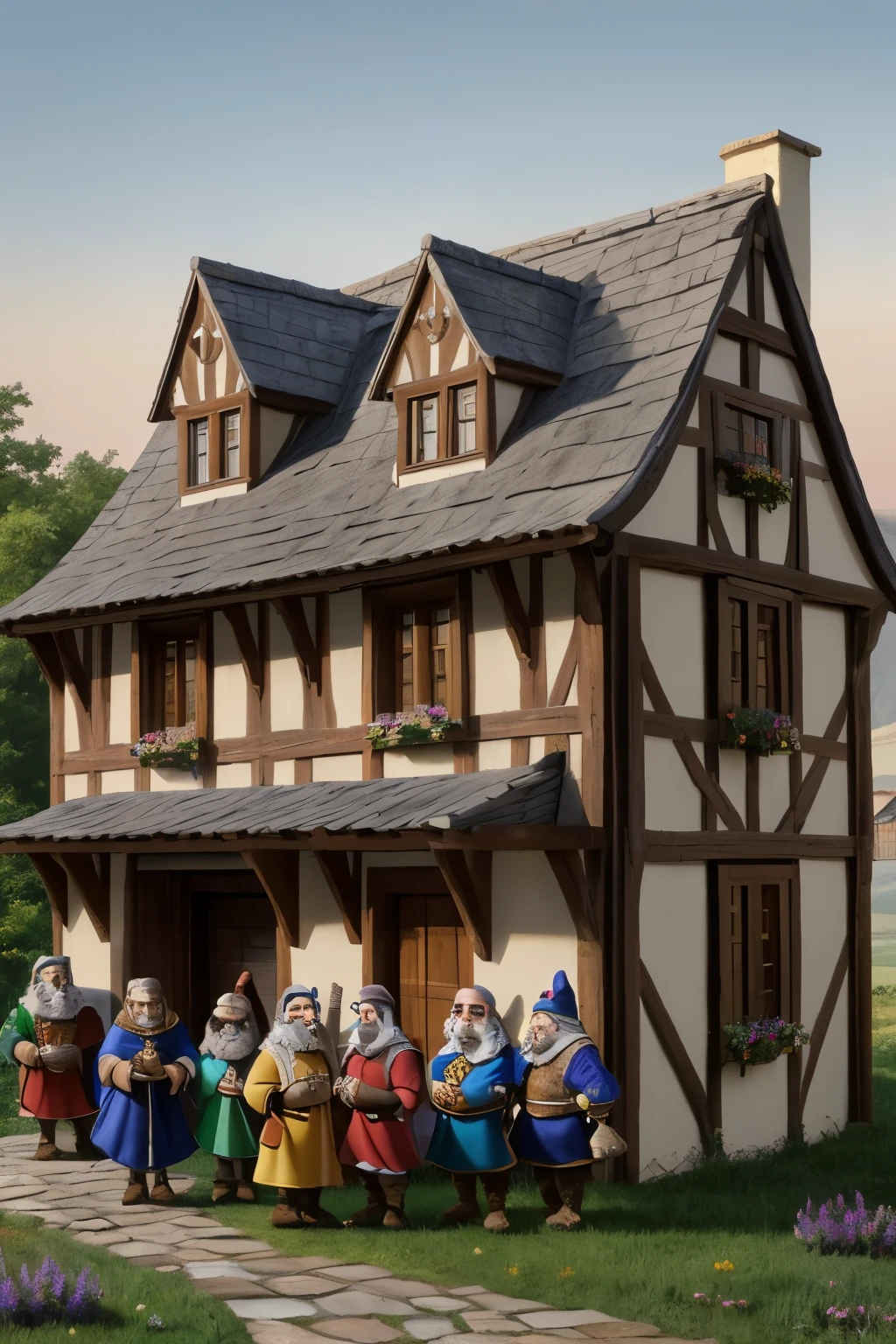 ((highest quality)), ((masterpiece)), (detailed), 
Medieval houses in Western Europe、Six dwarfs with werewolf faceedieval clothing、