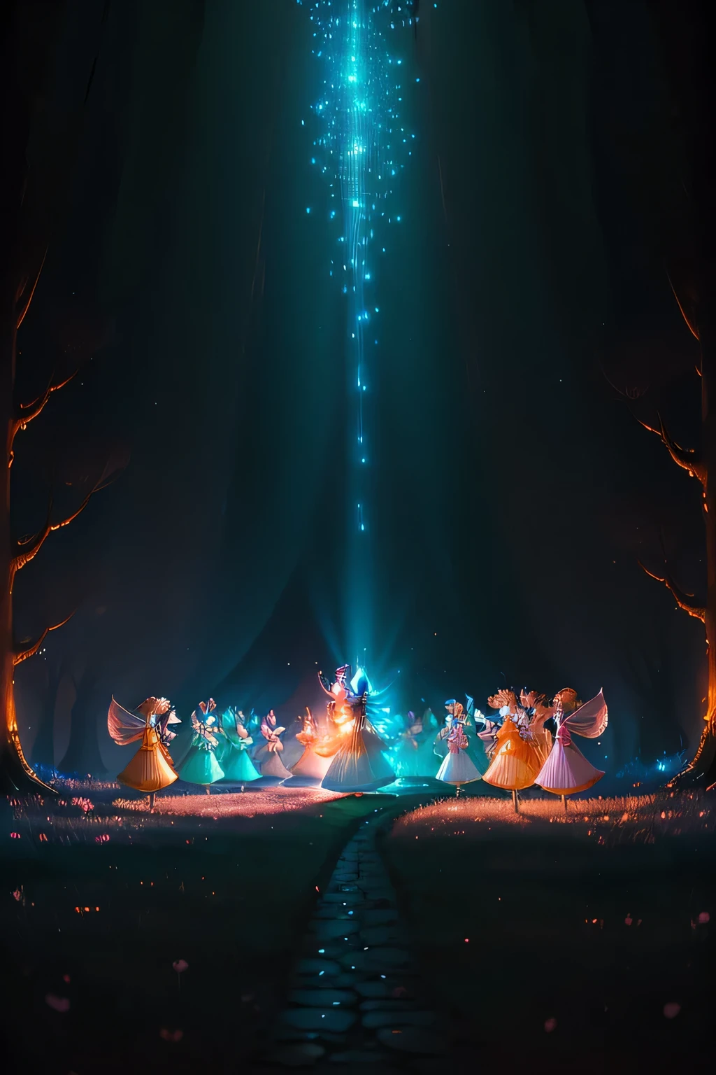 In the heart of a magical glade, surrounded by ancient trees and ethereal flowers, a mesmerizing scene unfolds. A group of sparkling fairies dance joyfully around a crackling fire, their laughter filling the forest air with positivity and wonder. Their pink and blue wings shimmer and sparkle with every flap, leaving a trail of glistening stardust in their wake. The fire, burning with an inviting orange glow, casts an enchanting light upon the fairies' delicate faces, their expressions filled with pure bliss and excitement. Their colorful gowns, adorned with twinkling fairy lights, dance and sway with their movements, adding to the magic of the