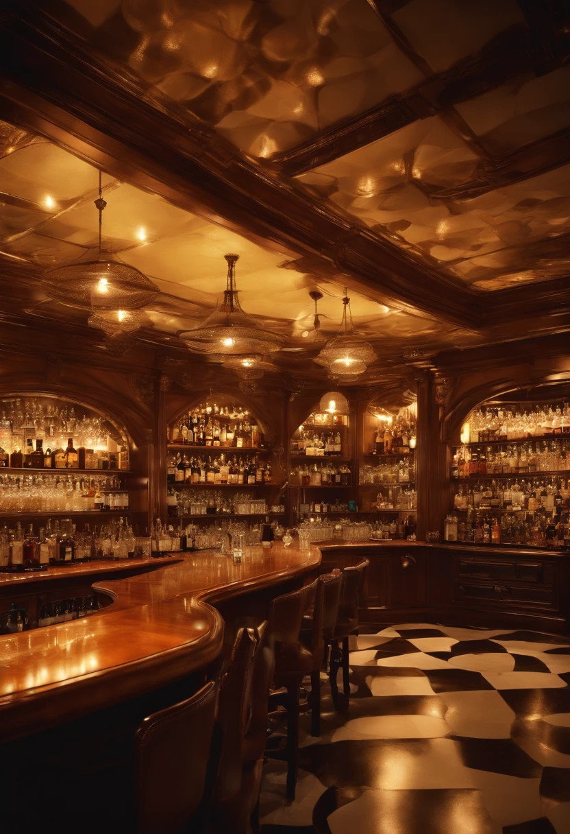 ((Scene looking at the ceiling from the floor, Cat's perspective, Looking up from a low position, Looking up from a low position,))Retro Bar Counter , Whiskey bottles lined up at the counter, Beautiful illuminations, Bar Counter Chair, Low angle seen from the floor, There are no people, Anime-style style, Looking up from a low position,