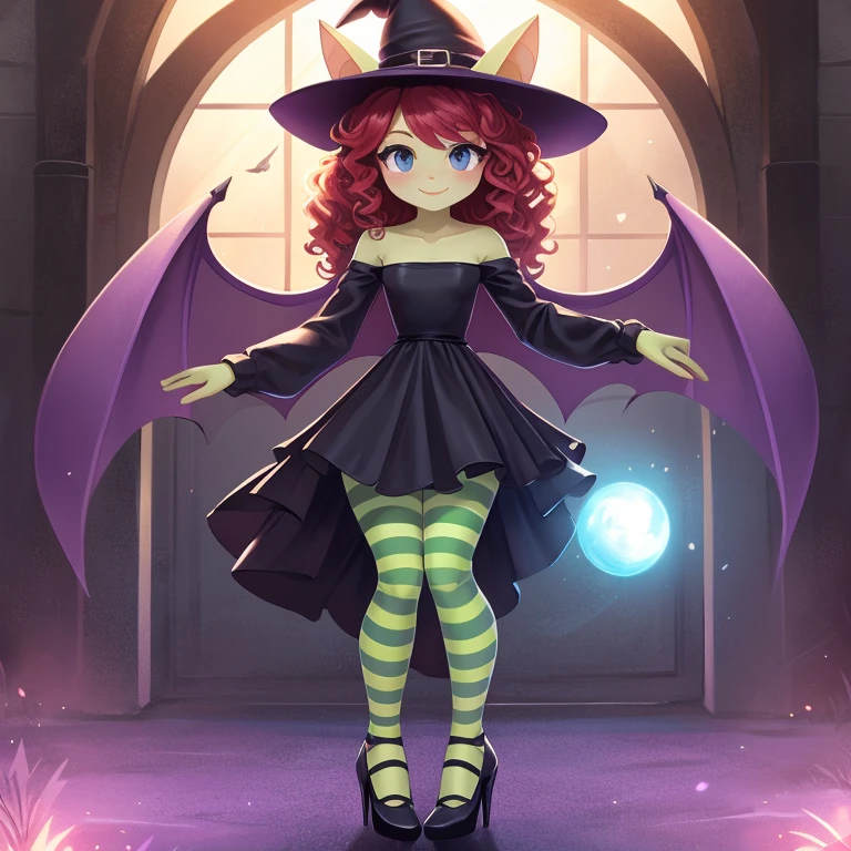 a tall and slender fairy-witch with light green skin, curly, vibrant red hair, bright light blue and graphite gray eyes, dainty, dark-violet bat wings, wearing green and violet striped leggings, worn beneath a low-cut, long-sleeved black dress that flares out into a tutu, violet heels with whimsically curled toes, a black witch hat. Solo. 1girl.