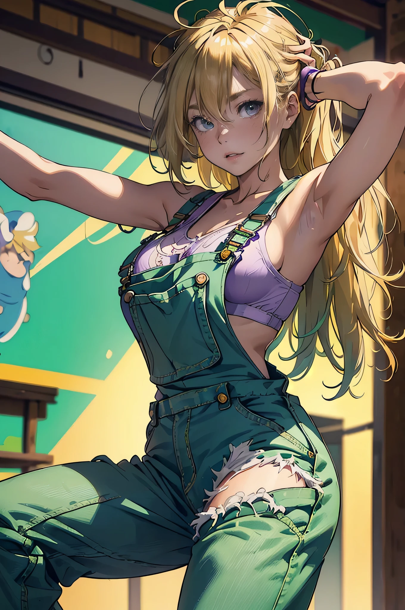 (Disheveled Hair), (Blonde long-haired,Kung Fu Master, Flying kick, Pastel Green,Wearing work overalls, The top half of the work overalls is off., Purple gorgeous detailed bra), Sensual,))