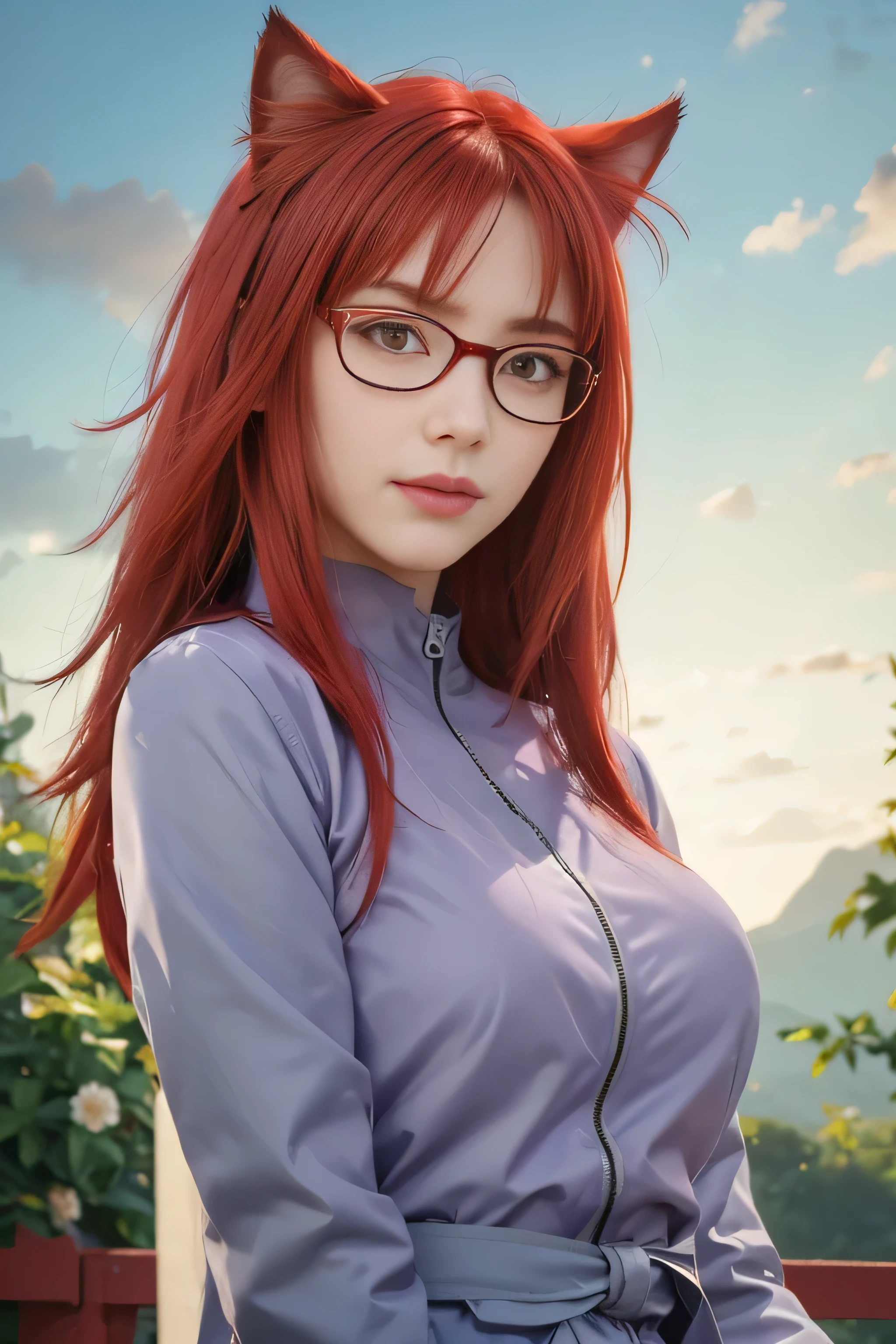 masterpiece, best quality, (realistic,photo-realistic:1.4), (RAW photo:1.2), extremely detailed CG unity 8k wallpaper, delicate and beautiful, amazing,finely detail, official art, absurdres, incredibly absurdres, huge filesize, ultra-detailed,extremely detailed eyes and face,light on face,sarada,(little smile),(red hair:1.4),(long hair:1.4),(wearing :1.5),karin uzumaki,garden,cat ears,(wearing glasses:1.4),(red eyes:1.5),(wearing purple jacket:1.4)