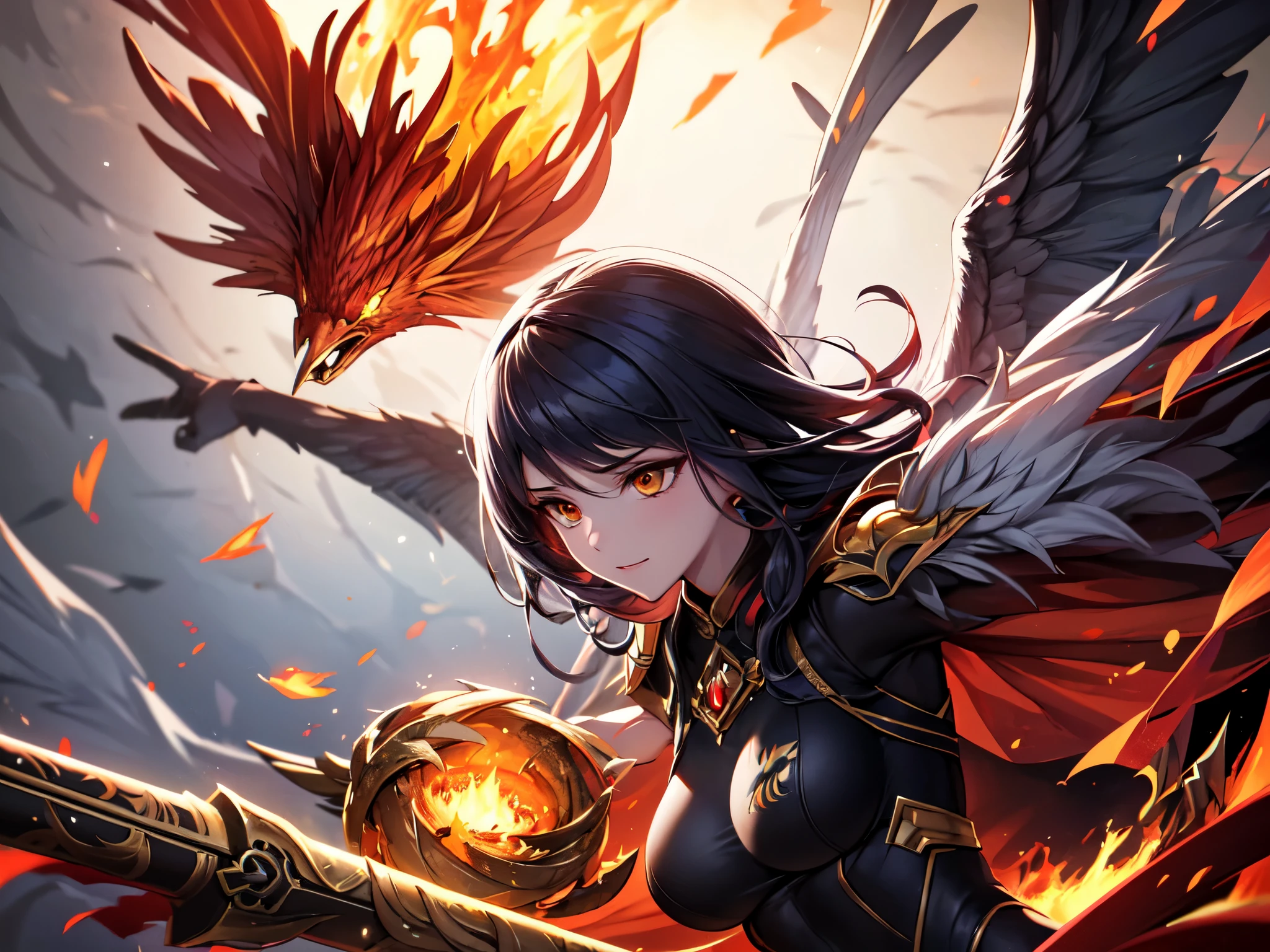 (Upper Body:1.3), One girl,Hornick Keeper, Fireproof suit with golden phoenix emblem, Obsidian grille fire enclosure, Phoenix nest with glittering golden wings, Talon gloves for wielding the Phoenix, Fire Ruby to Feed the Phoenix,