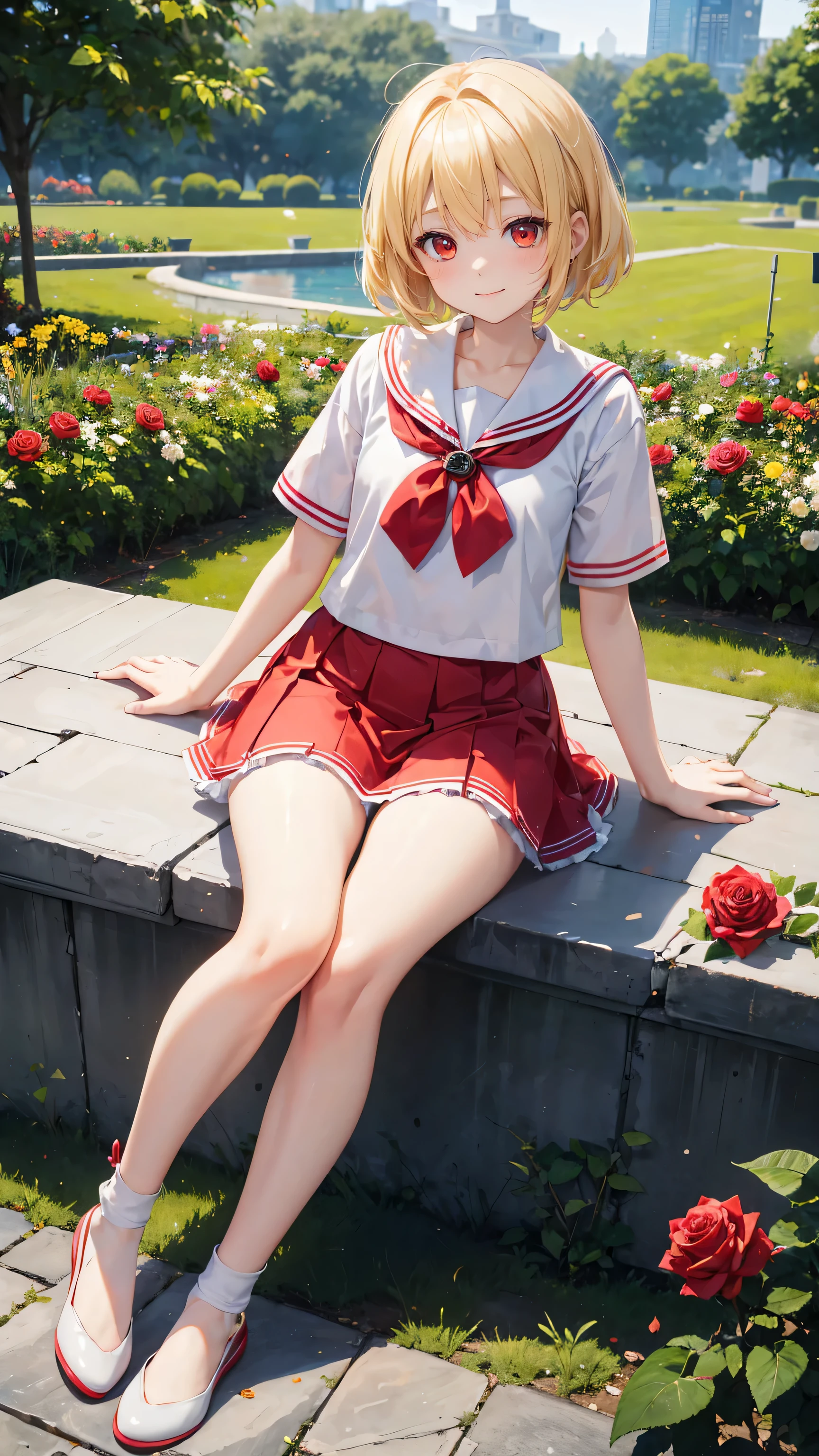 Very cute girl、(I'm )、light yellow hair、Shortcuts、Bangs too close to the eyes、bright red eyes、(Normal Human Ear)、Thin arms、Beautiful body、Thin legs、Flat Chest、Translucent white skin、smile、(Sailor suit、Red Skirt).(Rose Garden)、Playing innocently、Ultra HD、Digital SLR,sit、Many colorful roses blooming in the background、