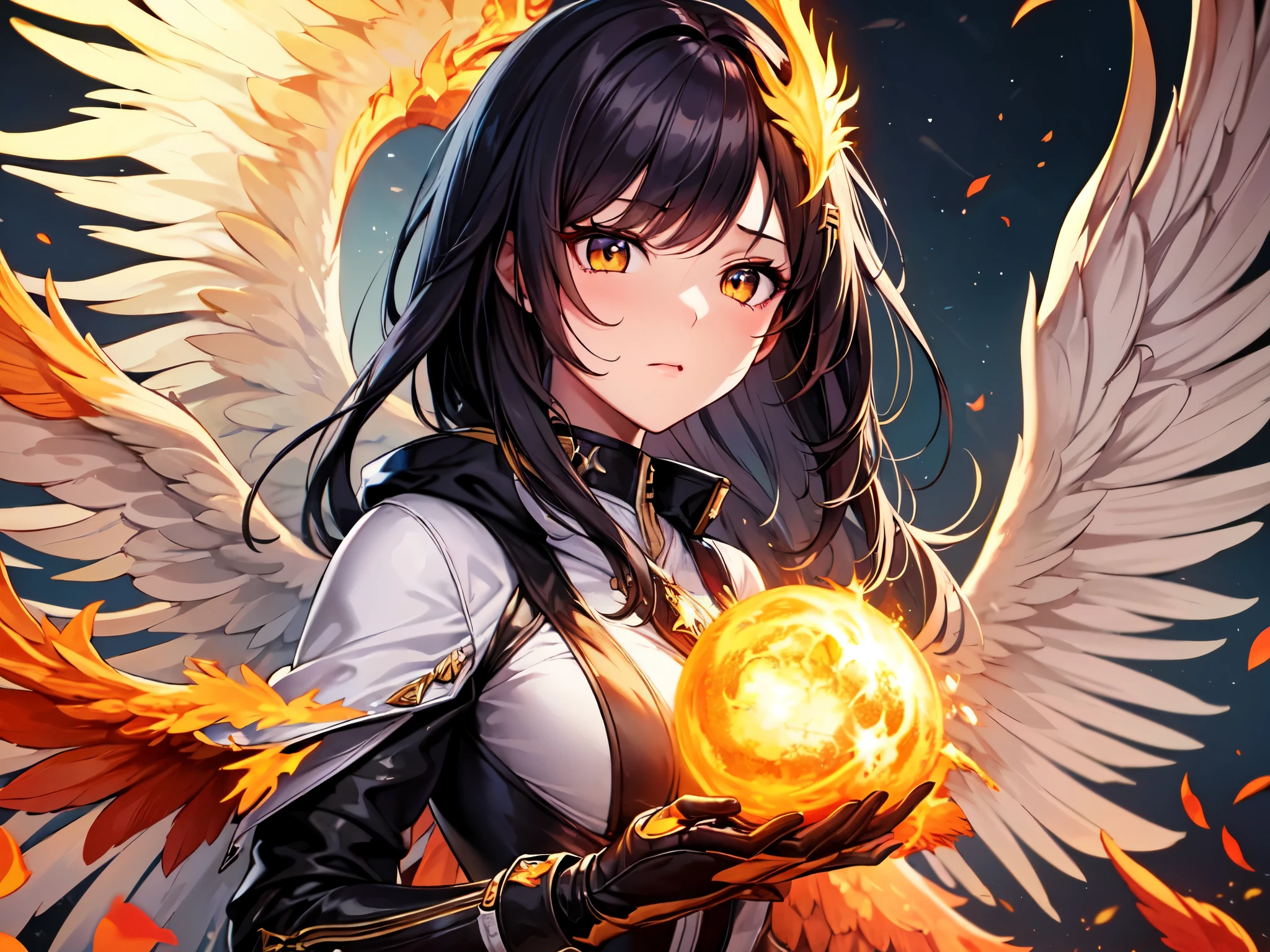 (Upper Body:1.3), One girl,Hornick Keeper, Fireproof suit with golden phoenix emblem, Obsidian grille fire enclosure, Phoenix nest with glittering golden wings, Talon gloves for wielding the Phoenix, Fire Ruby to Feed the Phoenix,