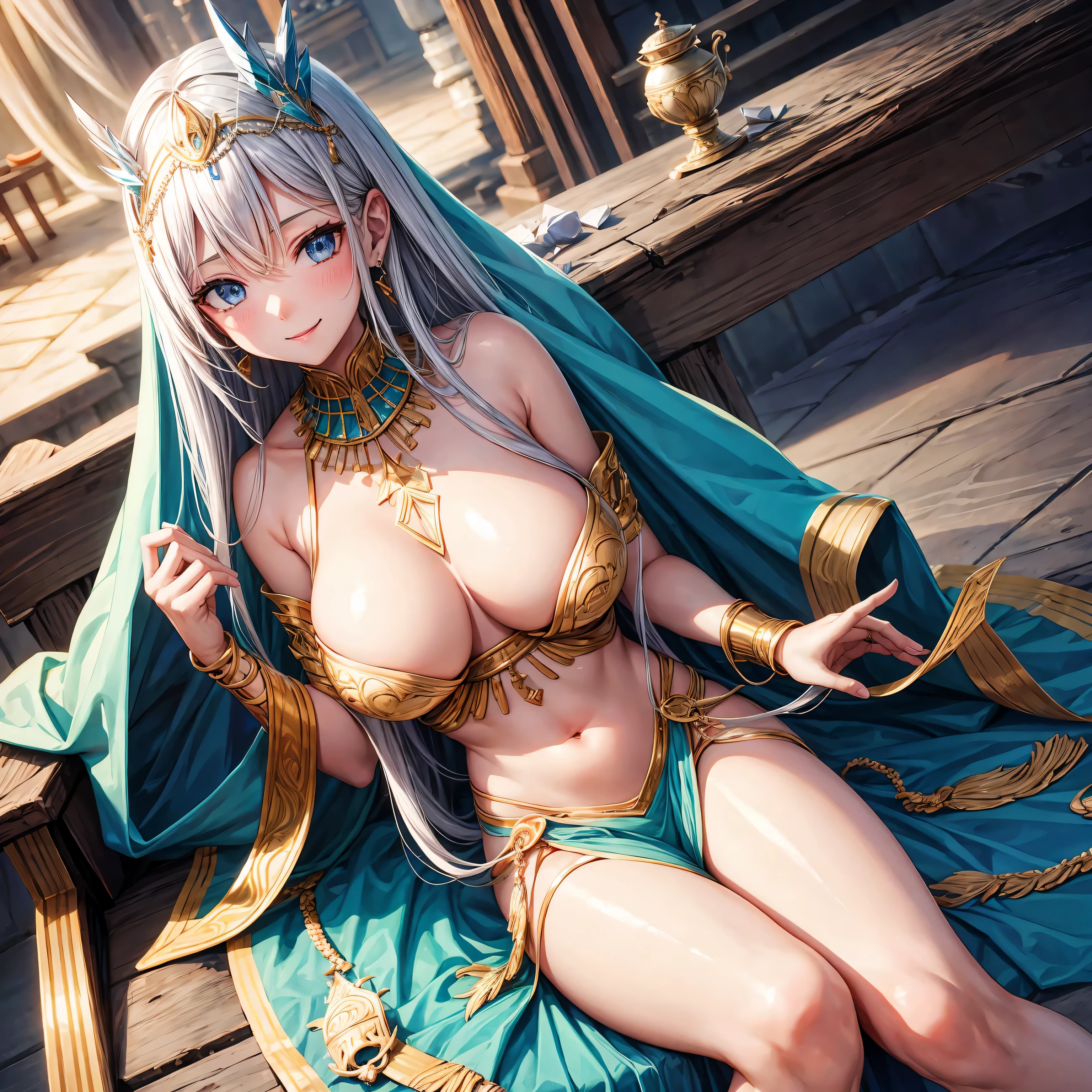 Whitening　Gray Hair　Long Hair　blue eyes　smile　tiara　green egyptian costume　beauty　sexy　Big Breasts　mature　whole　Mysterious　charm　Charming　pyramid　Beautiful breasts　fortune teller　