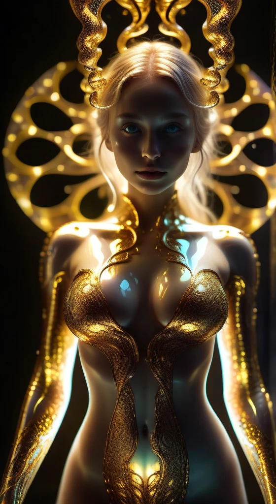 Woman with shiny translucent fractal skin, whole body, Large Breasts,Swirling organic pattern, Energetic, Ultra HD, Bright colors, perfect composition, Soft natural volumetric cinema lighting, Amazing shadows, Black silhouette, Volumetric Light, (Movie Posters),,A surreal dead girl with liquid gold eyes,insect