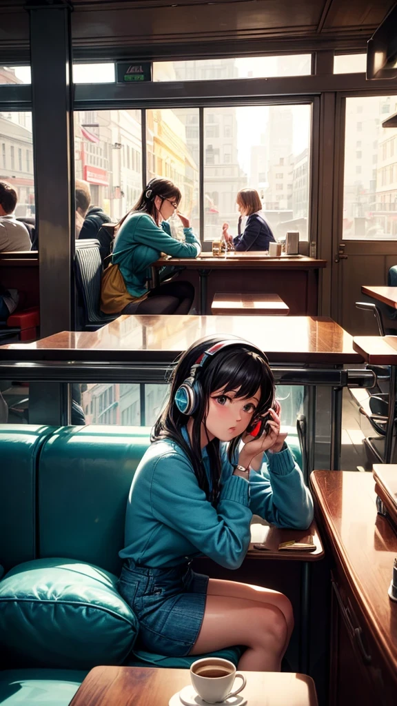 Stylish and retro cafe、There are large windows and gentle light pours in through them.、Outside the window is a streetscape with people coming and going.、Cute girl studying with headphones in a cafe、Concentrating while drinking coffee、The room is equipped with a 1980s audio set and large speakers.、