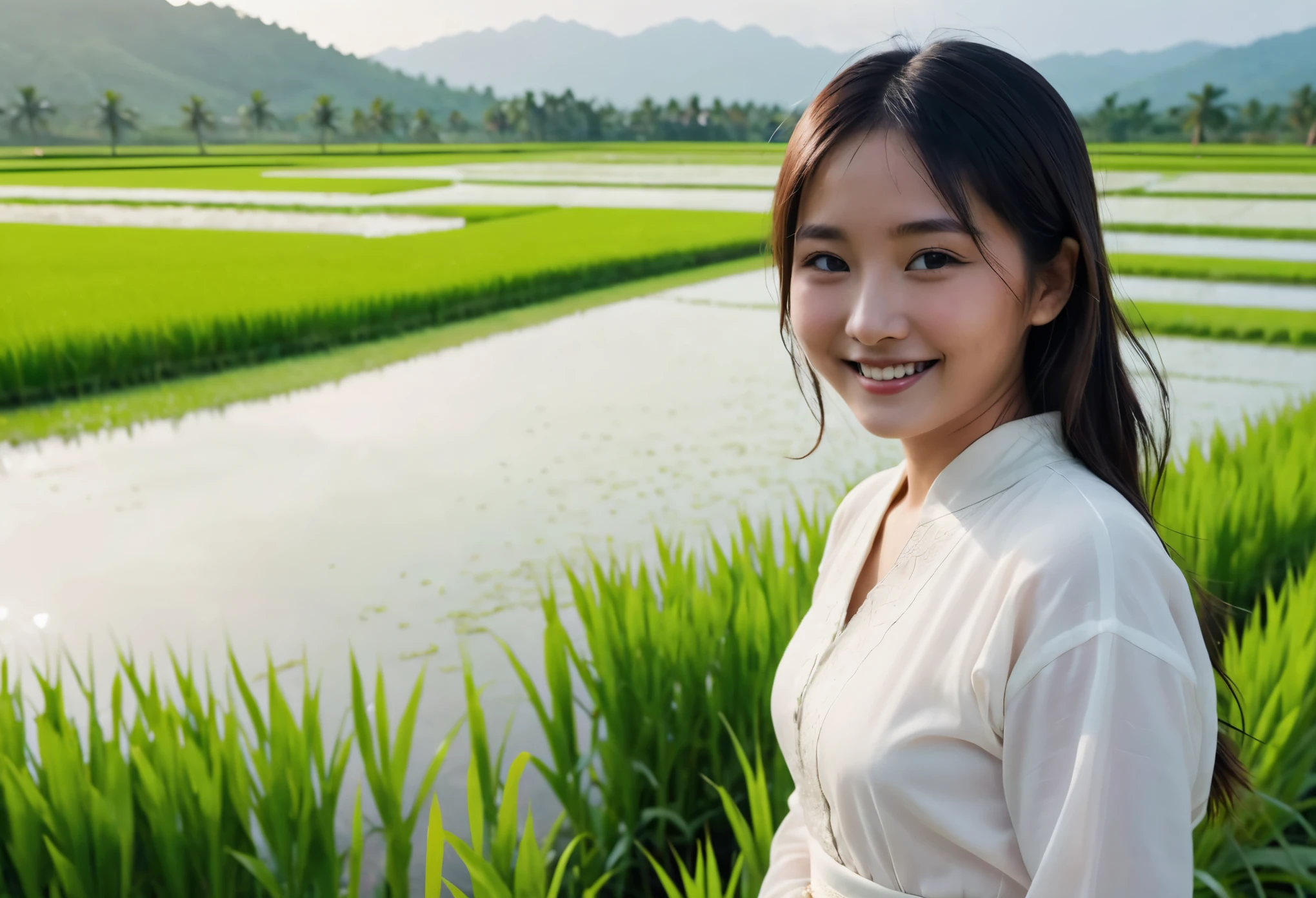 An Asian girl wearing traditional white clothes smiles at the camera, with a backdrop of green rice fields, rule of thirds