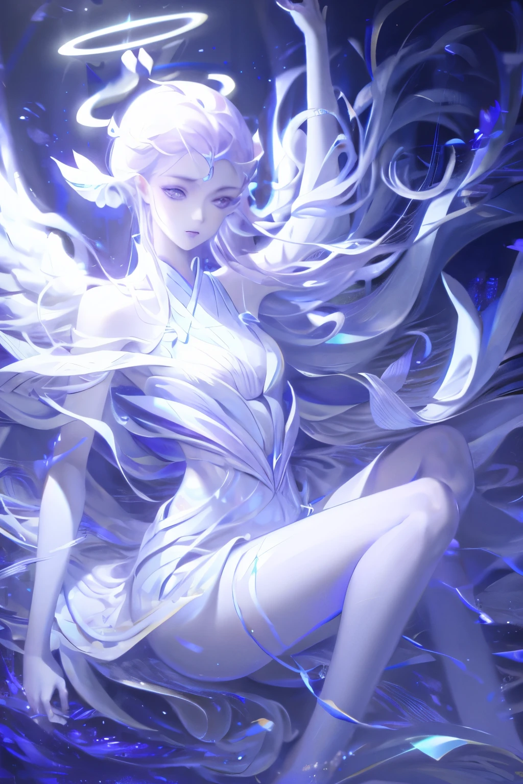 Beautiful angel in white dress, art station chengwei, Halo, White feather  