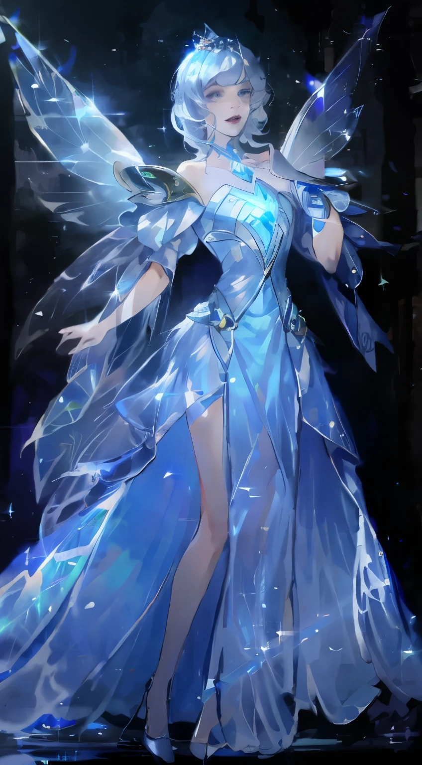 Exquisite facial features，One wearing a blue dress、Close-up of a woman with fairy wings, Celestial Fairy, dreamy dress, Ethereal Wings, Magic dress, Ethereal fairy tale, Smile like a fairy king, Star witch clothes, Ethereal fantasy, ethereal essence, Flowing Magic Robe, Ice blue dress, Emma Watson plays the Queen , Wear your dream formal suit, ((Beautiful fantasy queen))