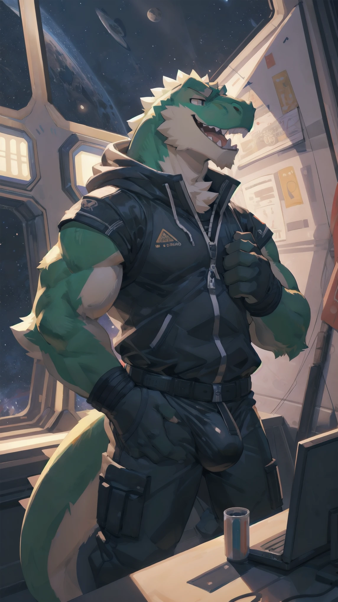 Solo, male, standing, by bigcozyorca, by goonie-san, by bebebebebe, by spikedmauler, facing viewer, green, green fur, tyrannosaurus, bushy tail, buff, spacesuit, space observation deck background, open mouth, detailed mouth, closed mouth grin, drooling, smirking, eductive smile, lustful grin, bulge, bulging, hard bulge, adjusting hard bulge, adjusting bulge, adjusting crotch, cock with knot on it, cum, cumming, big dig cock, Wearing collar, callor on neck, unzipping pants to show off cock, penis, teasing cock
