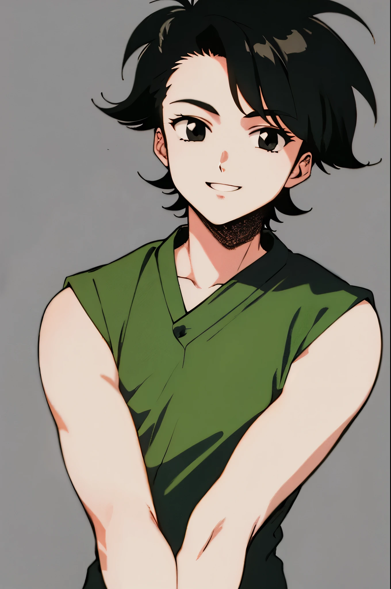 retro artstyle, masterpiece, best quality, cel shaded, bright colors, 1boy, solo, male focus, young boy, black hair, messy hair, black eyes, youthful smile, healthy pale skin, youthful frame, sleeveless kimono, looking at viewer, staring straight ahead, upper body shot, simple background