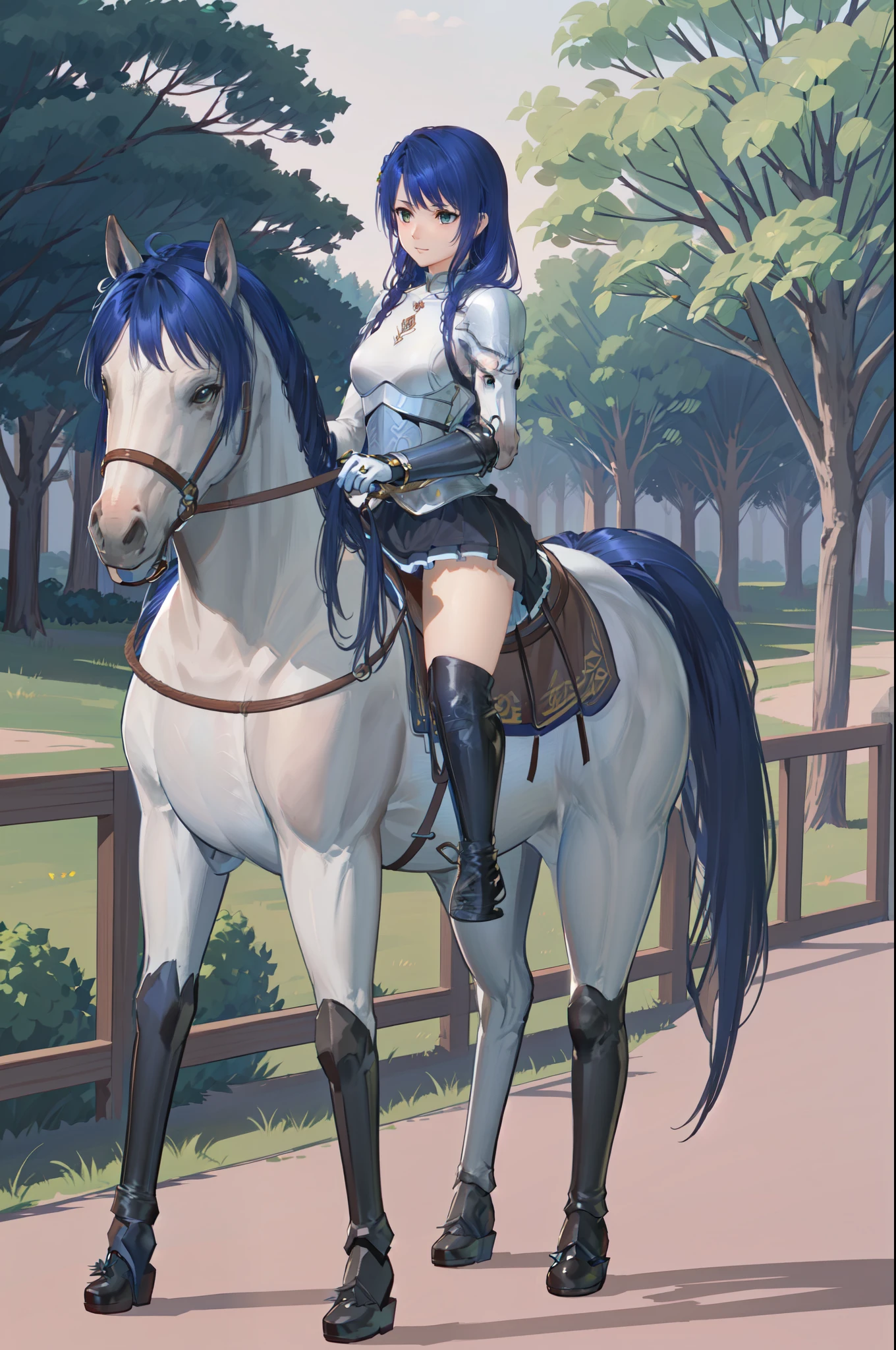 ((best quality)), ((anime masterpiece)), (detailed), 4k, realistic, perfect face, female knight, from side, long hair, female knight (blue armor, blue miniskirt, blue boots), horseback riding, horse riding, (white horse, saddle, stirups, reins: 1.5), walking: 1.5, beautiful forest, best scenery, from side, anatomically correct