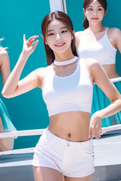 best quality，masterpiece，HD，Clear face，Attractive appearance，Clear face，A Korean beauty idol，Girl group facade，Good at dancing，White midriff-revealing outfit