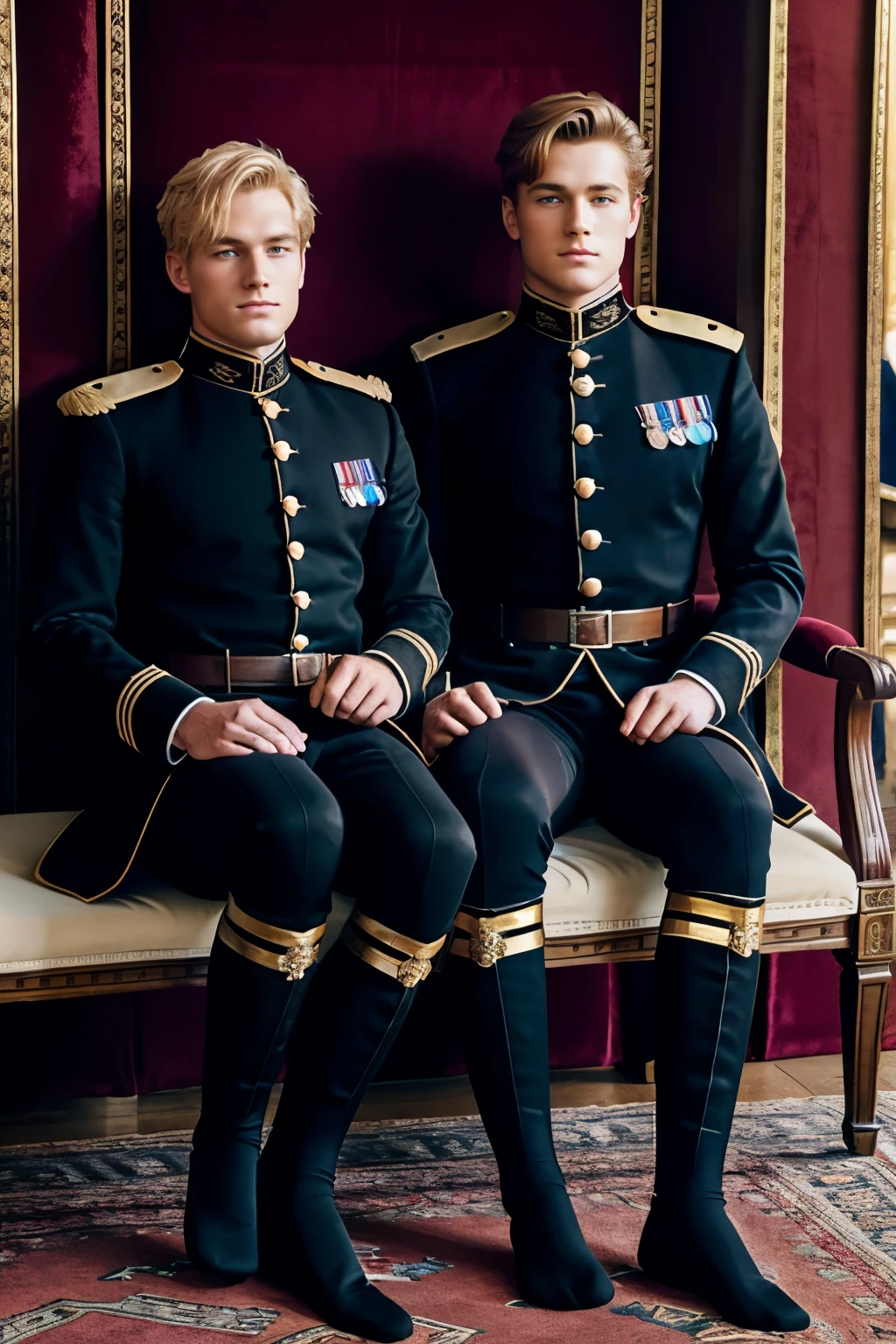 full view full body, Two Young and handsome blond cavalry officers resting on a velvet bench in their long black socks, dressing room in a ancient manor