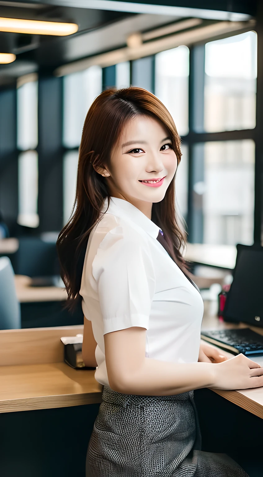 (Masterpiece, BestQuality:1.3), (ultra detailed 8k:1.2), (hyper realistic:1.35),(RAW photo:1.2),High detail RAW color photo, professional photograph, (Photorealistic:1.45), (realistic:1.4), BREAK 1girl, (beautiful girl:1.3), japanese Business woman,(Dynamic Pose: 1.2),(bewitching smile:1.3), (super beautiful woman:1.3), beautiful skin, detailed black eyes, detailed face, white shirt with collars, waist up, upper body,20 yo,office lady, BREAK at office floor, profesional lighting,PC desk
