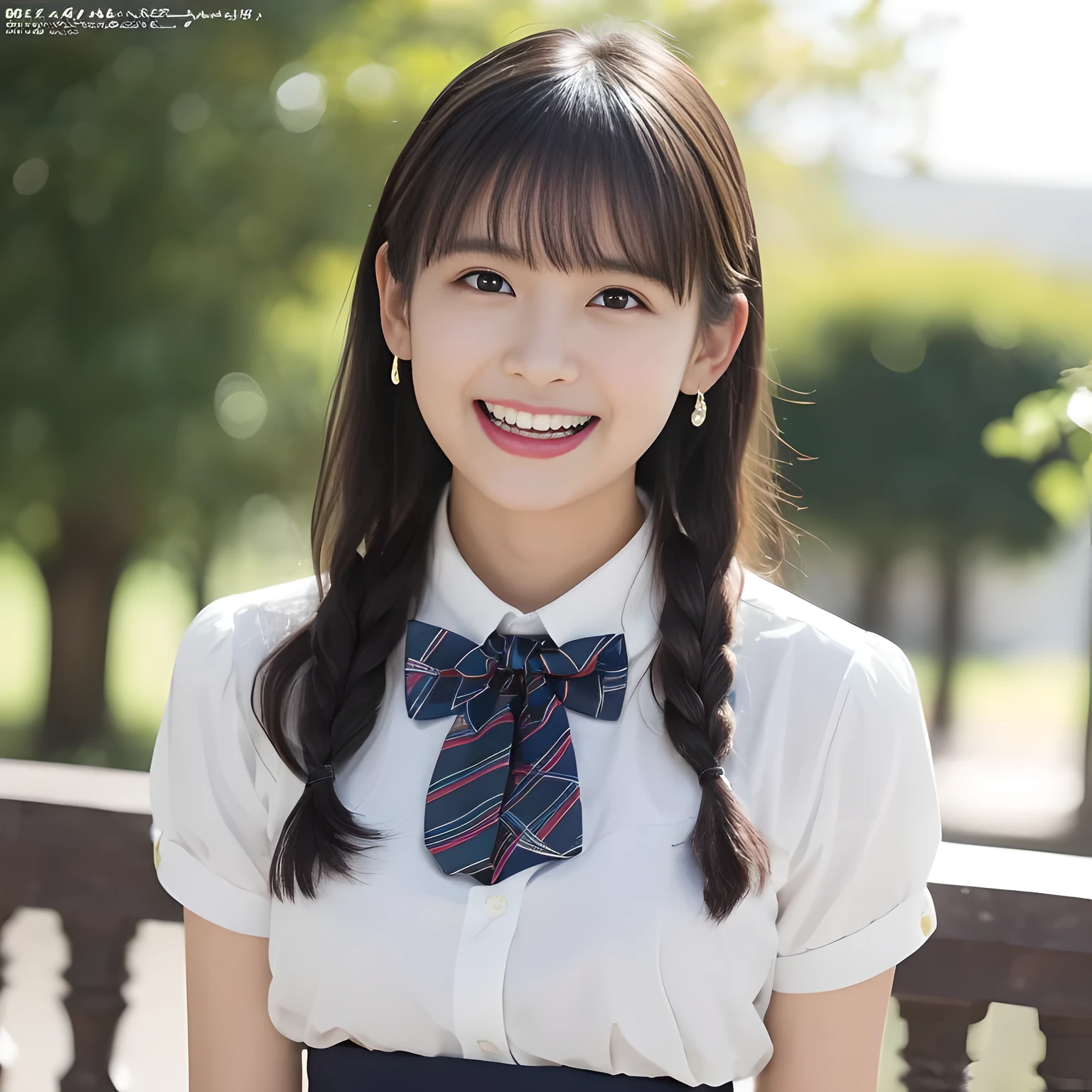 (highest quality、masterpiece:1.2)、highest quality、Realistic、photograph、High resolution、1080p、8K、Fair skin, especially face, Physical Rendering、((Height: 155cm)), one Japanese girl、(((((( beautiful Japanese magazine fashion model looking at the viewer)))))), school summer uniform, (((big very detailed beautiful dark brown eyes))), ((((impressive plain navy large school ribbon bow tie in plain)))), ((((black very beautiful and very very long straight straight hair)))), ((((A light gray box-pleated box-pleated skirt)))), ((A yellow ivory colored blouse with puffed short sleeves and frills)), (((((((laughing cutely and looking at me!))))))), detailed fingers, (((curled blunt bangs))), ((Very large and cute eyes, carefully drawn with great attention to detail)), ((double eyelids)), (((long eyelashes))), ((cute lovely lovely laughing laughing cheeks)), ((Pure white light hits her face from above and in the front, making her skin and eyes shine beautifully.)), ((Strong light hits the nose and cheeks、It brings out the richness of the expression.)), ((The skirt is very cute)), (((((Her facial features are very expressive lovely smile, very very cute, very very intelligent.))))), (((Shooting from the side))), ((Luxury palace staircase)), (( Beautiful teeth alignment))