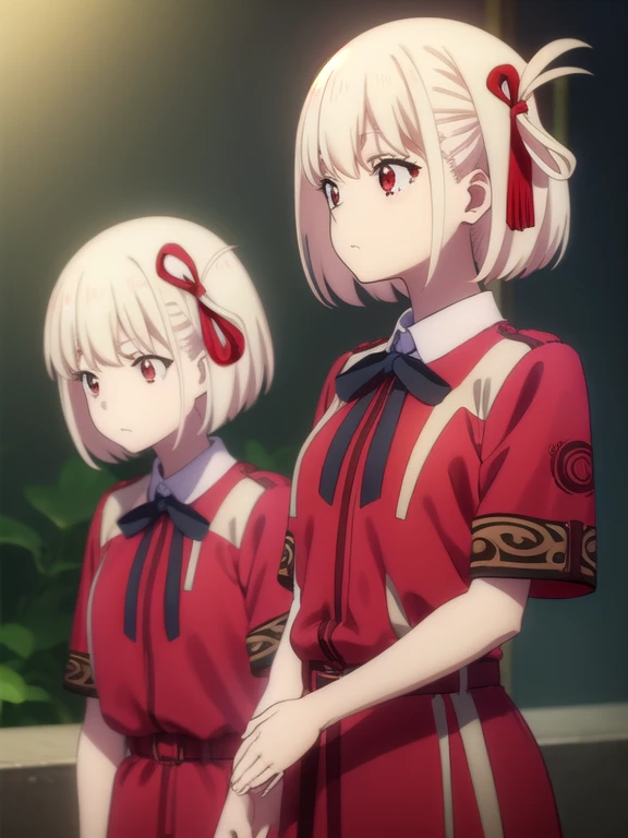 chisatonishikigi, chisato nishikigi, short hair, bangs, blonde hair, (red eyes:1.5), hair ribbon, one side up, bob cut, ribbon,belt, neck ribbon, (masterpiece:1.2), best quality, high resolution, unity 8k wallpaper, (illustration:0.8), (beautiful detailed eyes:1.6), extremely detailed face, perfect lighting, extremely detailed CG, (perfect hands, perfect anatomy),