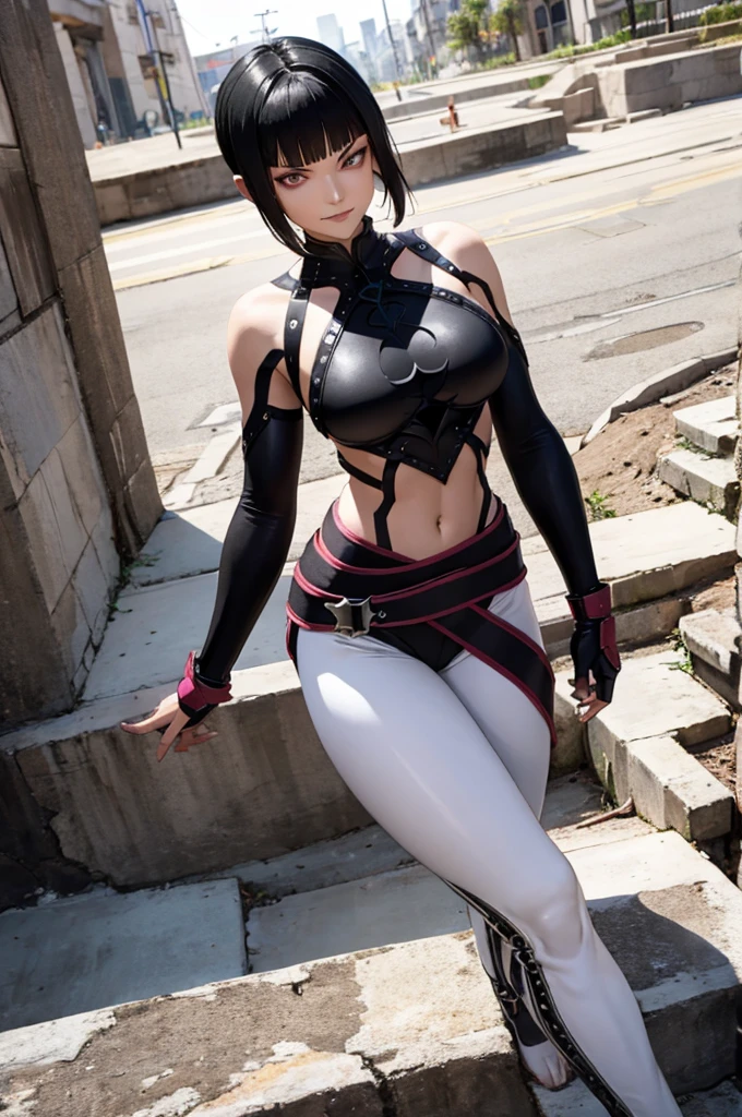 score_9, score_8_up, score_7_up, score_6_up, h3wl3tt, naked girl, Juri Han, sitting on a tank, big tank, purple eyes, black hair, bangs, hair horns, multicolored hair,streaked hair, makeup, lipstick, leaning forward, very cute body, slim body , wild face, dashing smile, wild pose, skinny slender girl, Military tank, tank with graffiti paint, Purple tank, tank cannon pointing at viewer, warfare, on a battleground, smoke, soldier uniform, h