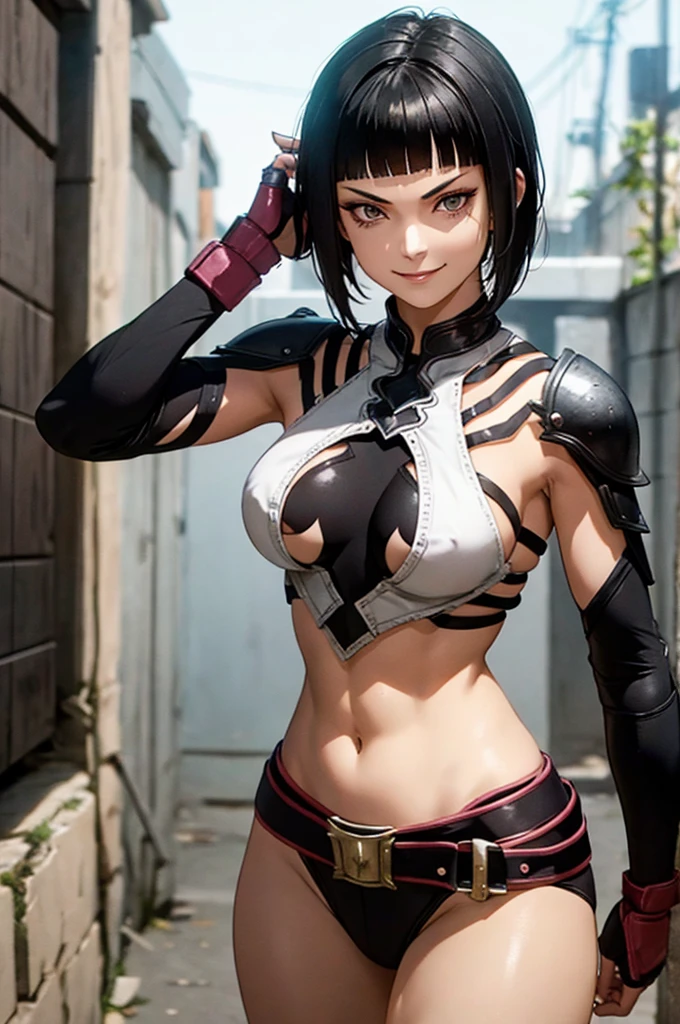 mulher jovem,short black hair , badass , full ancient armor,coxas torneadas,Evil Smile