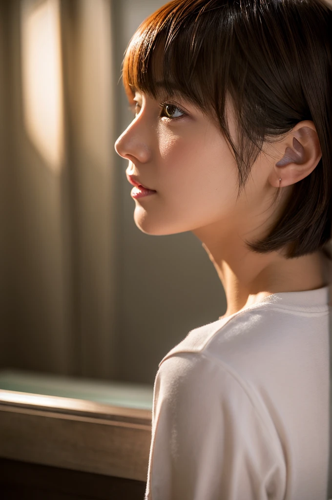 Ultra HD、woman、profile、Short Bob with blunt cut、Japanese、Realistic、Bathed in light